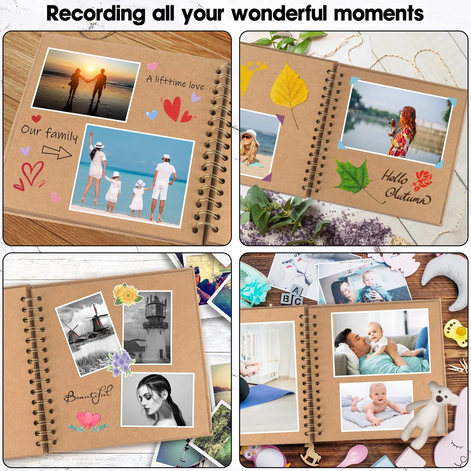 AIOR Album Fotos Scrapbook 21x21cm, DIY Espiral Álbum de Recortes para Pegar y Escribir 40 Páginas, Regalos de Boda Aniversario Cumpleanos, Para Bebés Amigos Parejas (Caqui)