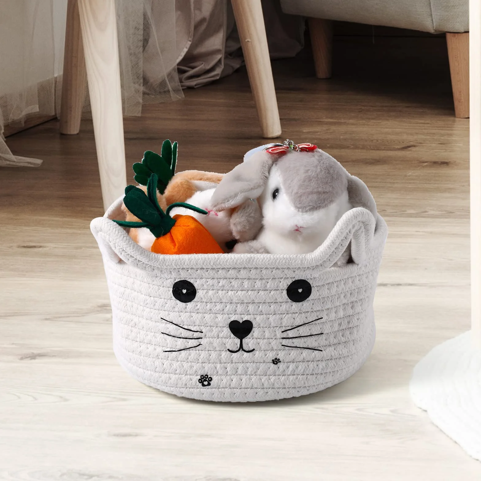 Cesta de Almacenaje de Cuerda Tejida con Orejas de Gato, Algodón, Blanco, 12 x 21 cm