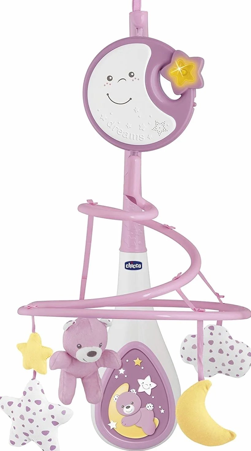 Chicco Next2Dreams Carrusel Móvil Bebé con Luces y Música - 3 en 1 Compatible con la Cuna Next2Me o Minicunas Colecho, Efectos de Sonido, Proyector de Luz Nocturna y Música Clásica 0+ Meses, Rosa