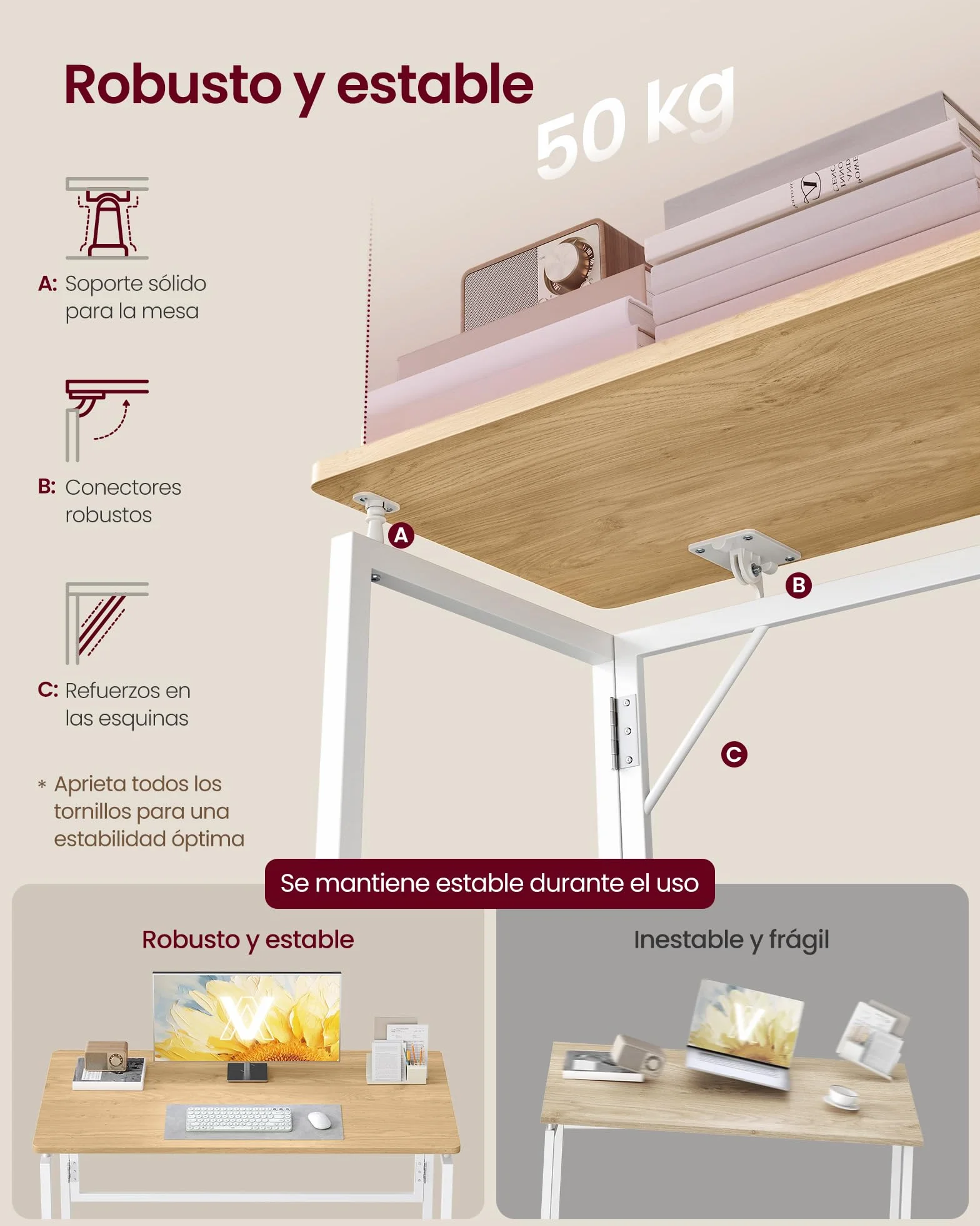 VASAGLE Mesa Plegable, Escritorio Plegable, Tablero de una Pieza, Bordes Redondeados, para Dormitorio, Balcón o Camping, Fácil Montaje, 100 x 50 cm, Roble Natural LWD152YD01