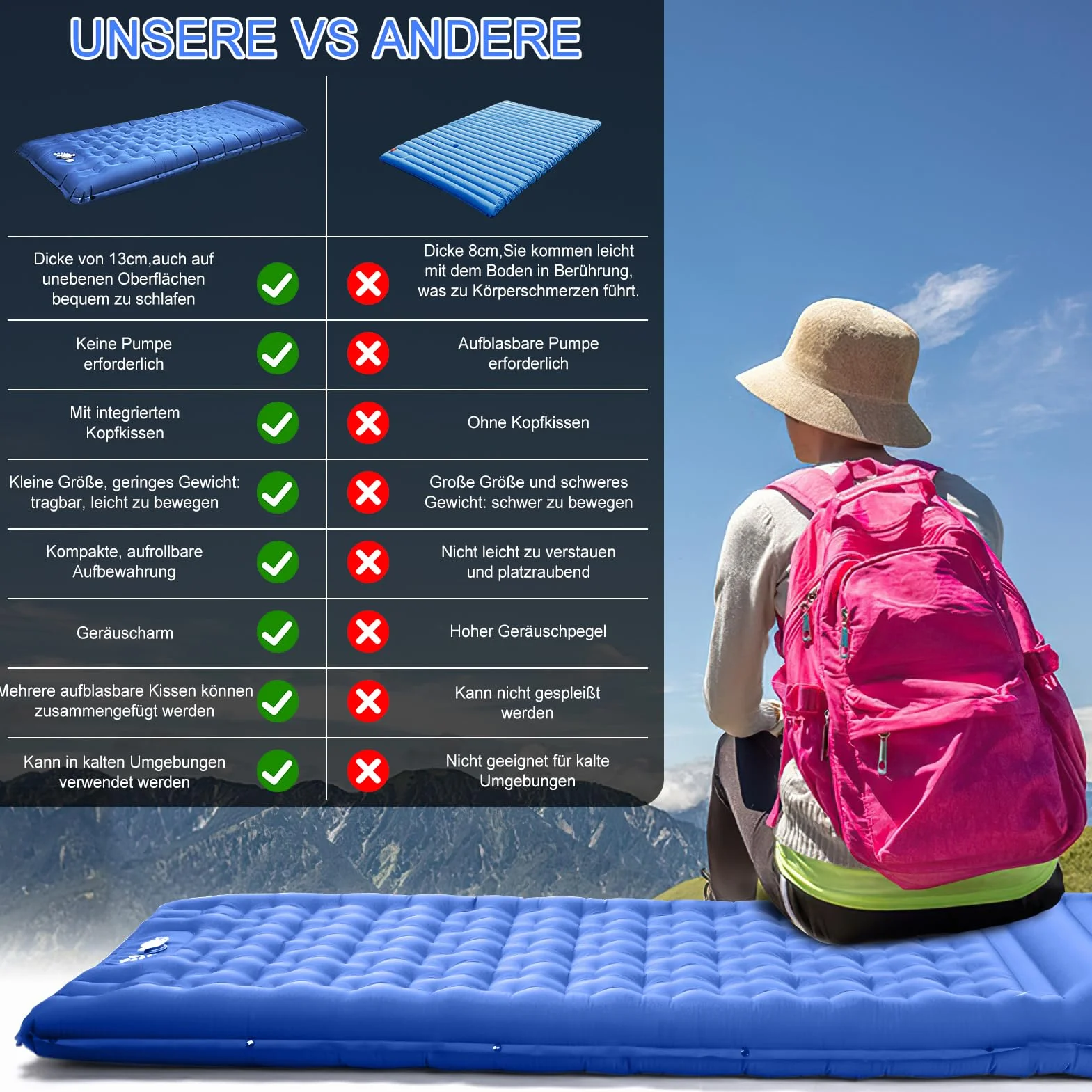 Colchón Hinchable Mejorada 13 cm con Almohada Incorporada y Bomba Inflable para Acampar y Viajar Azul
