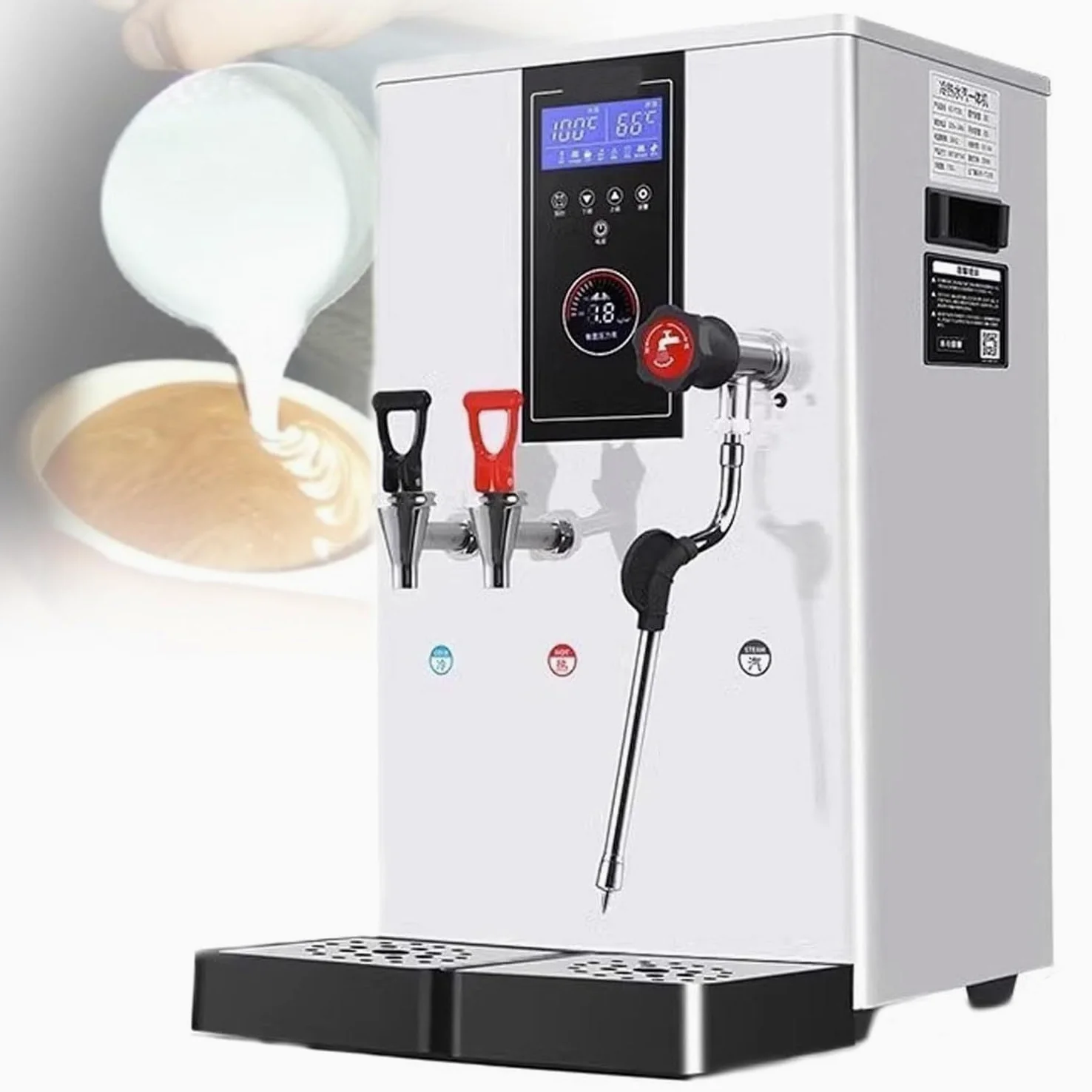 Espumador de leche comercial con sistema de caldera doble, alta potencia, gran capacidad, bandeja de goteo extraíble, boquilla giratoria para tiendas de café y bebidas