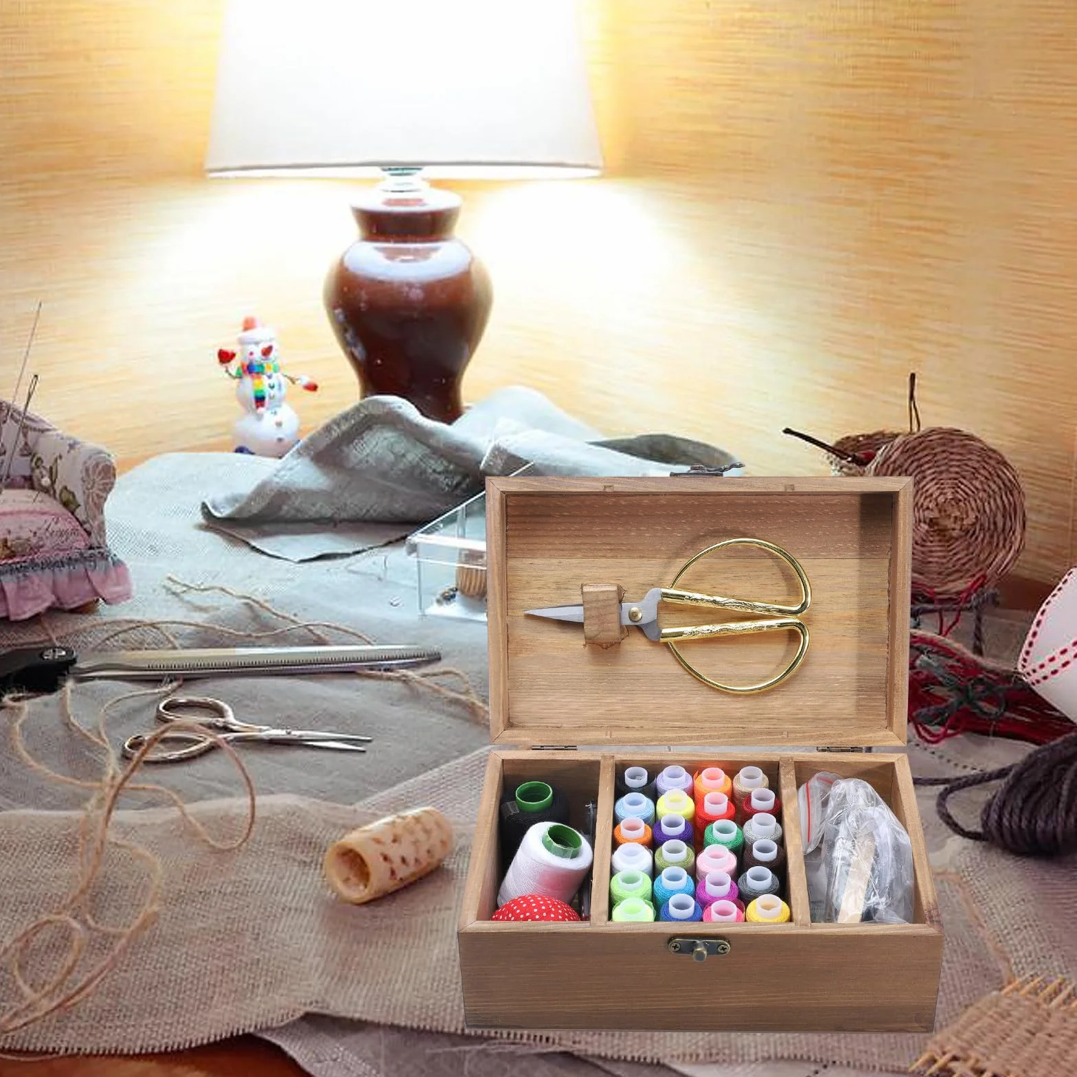 POPETPOP Caja de Almacenamiento de Costura de Gran Capacidad Material de Madera Retro y Poliéster para Diy, Estuche Ecológico para Guardar Agujas y Accesorios
