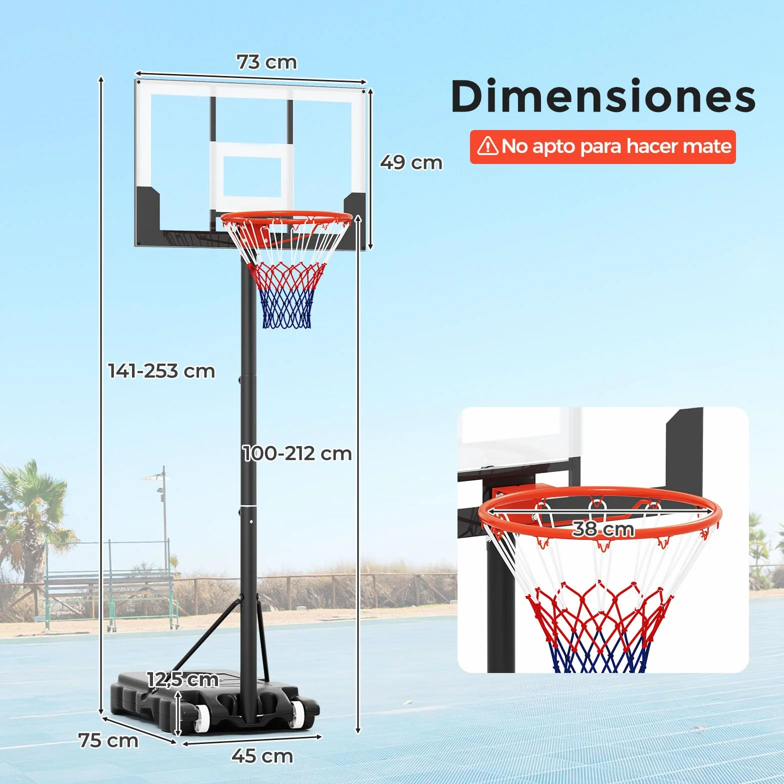COSTWAY Canasta de Baloncesto Infantil Altura Ajustable 100-212 cm Base Rellenable Ruedas Portátil Interior Exterior