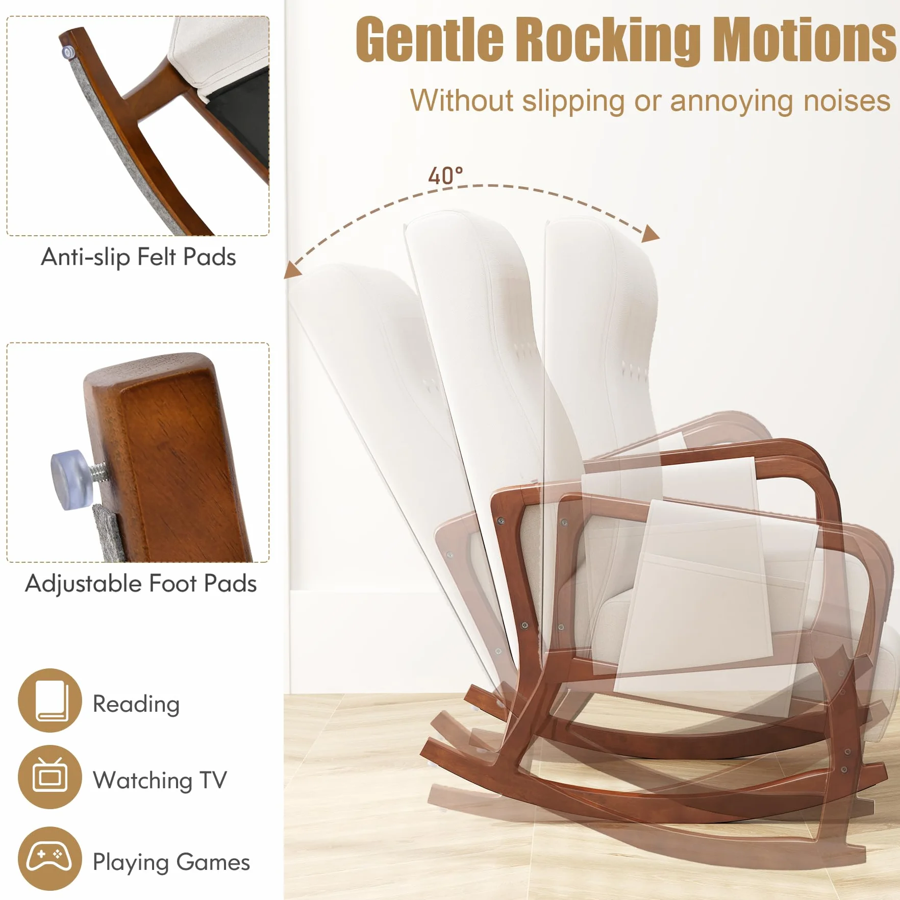 HOMASIS Silla Mecedora con Reposapiés y Bolsillo, Juego de Sillón Balancín con Reposabrazos y Estructura de Madera Maciza, Silla de Lactancia para Salón, hasta 150 kg, 97 x 65 x 104 cm (Beige)