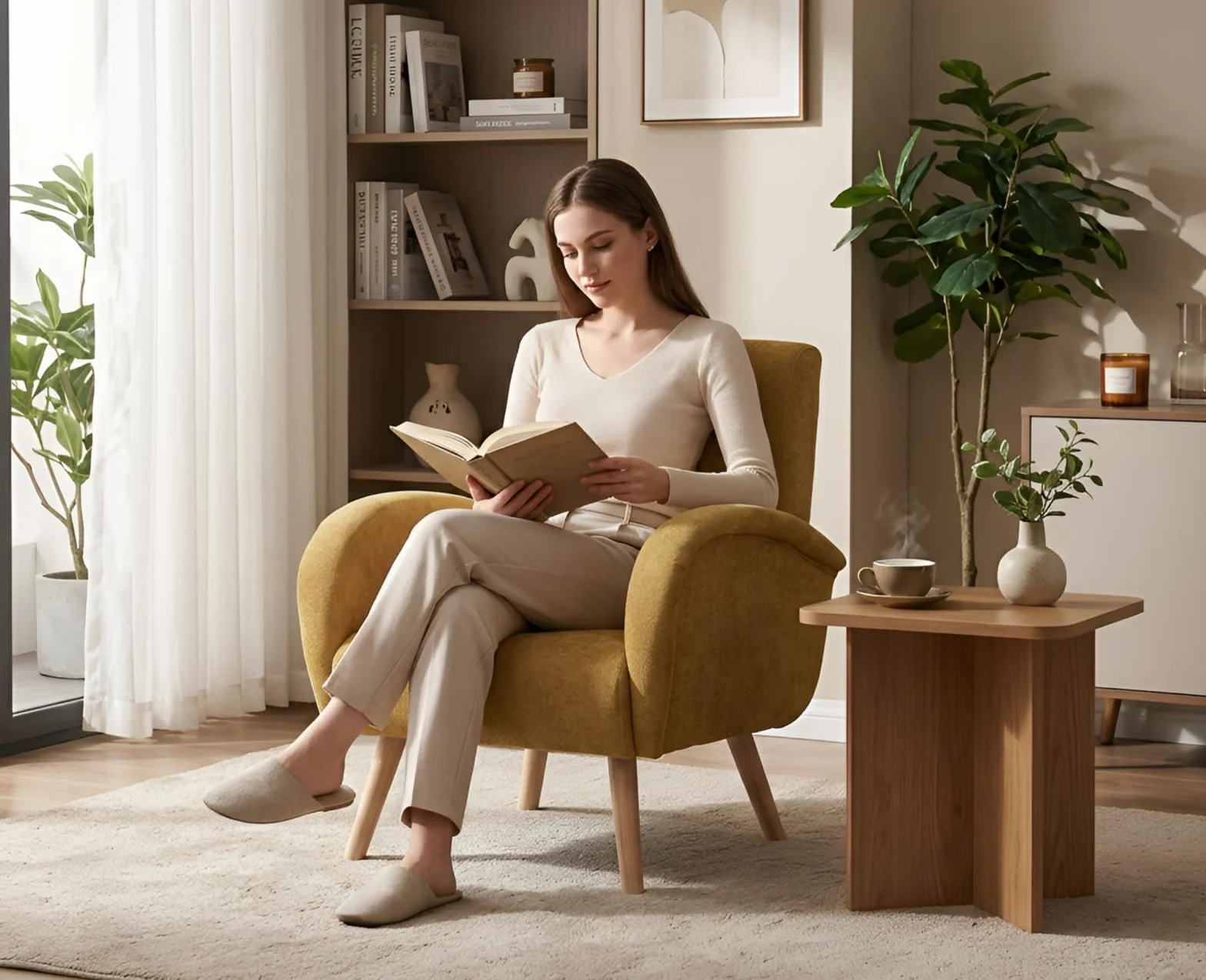 Ya-Home Sillon Individual Moderno Butaca de Salón Tapizado en Chenilla,Silla Relax con Reposabrazos Minimalista Silla de Ocio con Patas Maderas para Dormitorio/Habitación,Amarillo