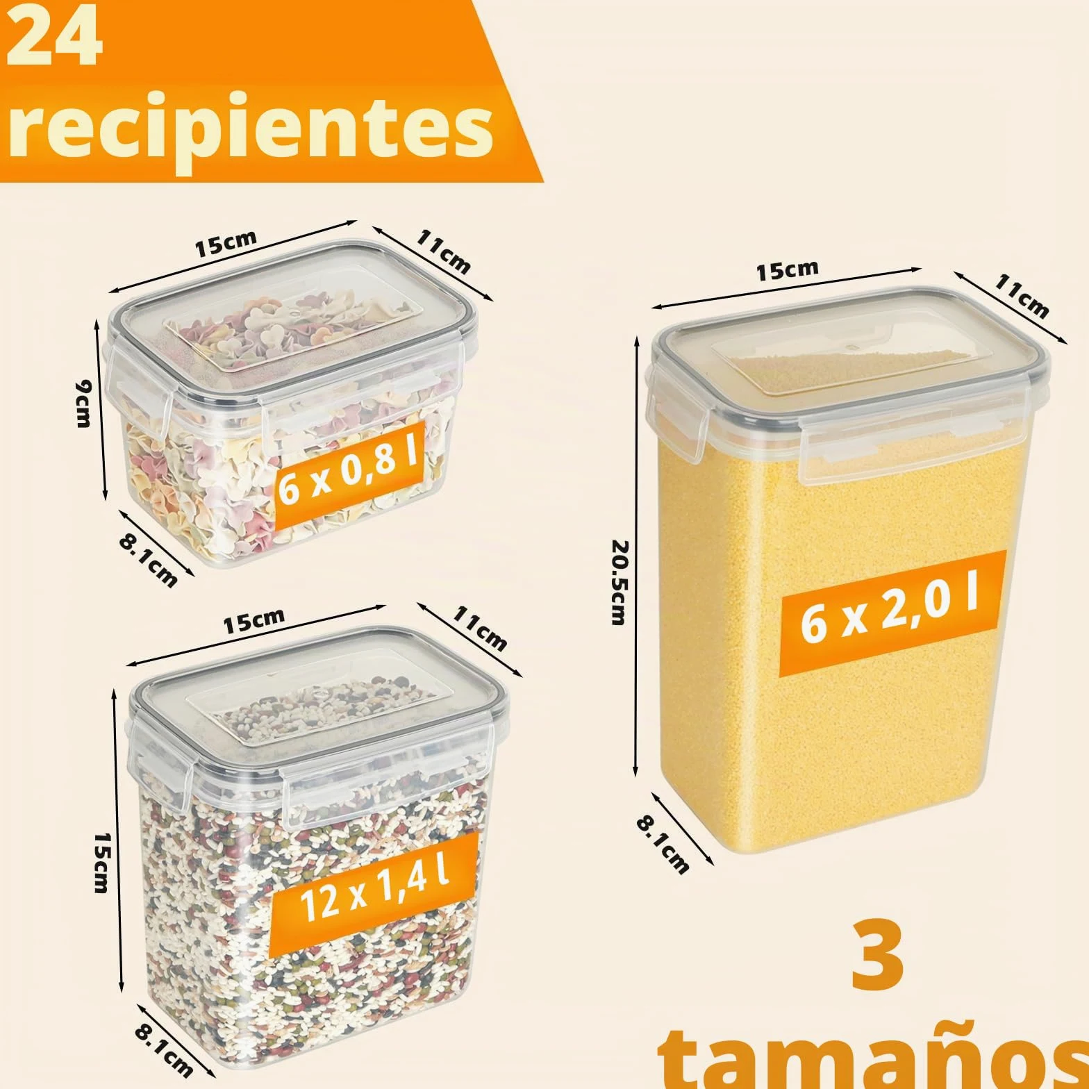 Withosent Botes Cocina Almacenaje 24 Piezas, Recipientes Alimentos de Plástico, Botes Cocina Hermeticos Contenedores para Cereales, Pasta, Granos, Harina (2L 1,4L 0,8L)
