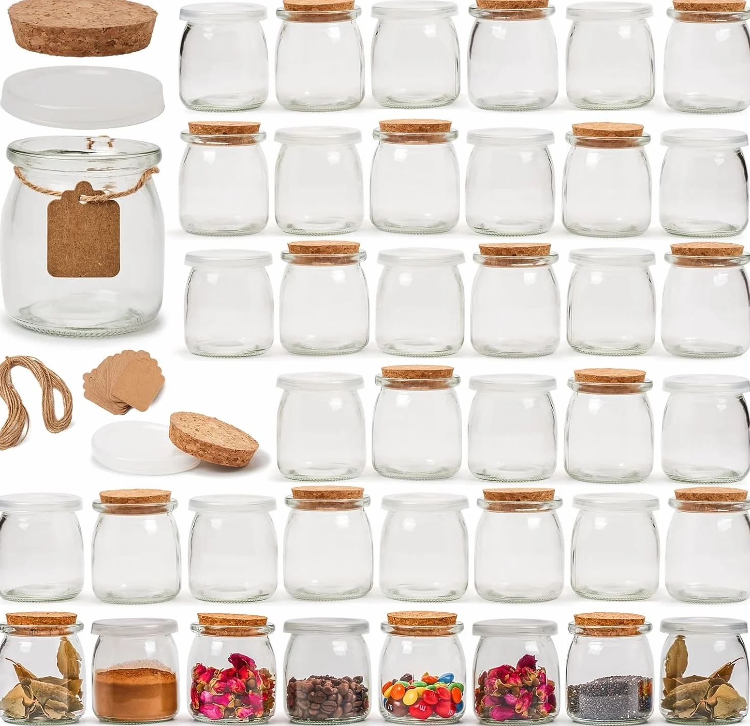 EZOWARE Set de 40 Tarros de Cristal Pequeños, 150 ml Mini Botellas con Tapón de Corcho y Tapa de Plástico, Frascos con Etiquetas y Cuerda para Regalos Boda y Fiesta, Especias, Pudín, Yogur, Dulces