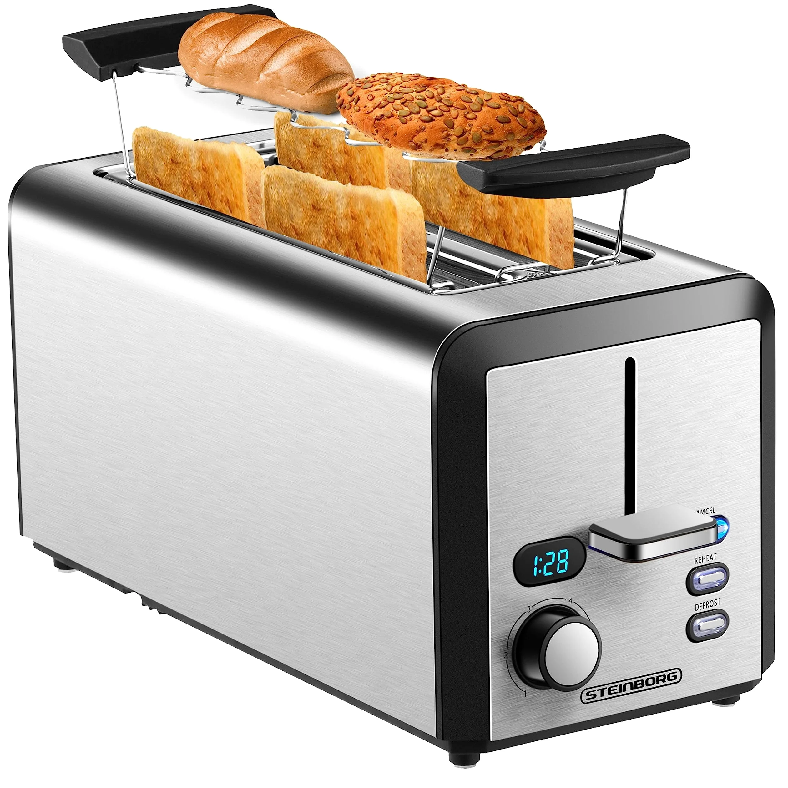 Tostadora XXL | 4 rebanadas | 1500 W | 6 niveles de control | accesorio para panecillos | función de descongelación | bandeja recogemigas | acero inoxidable