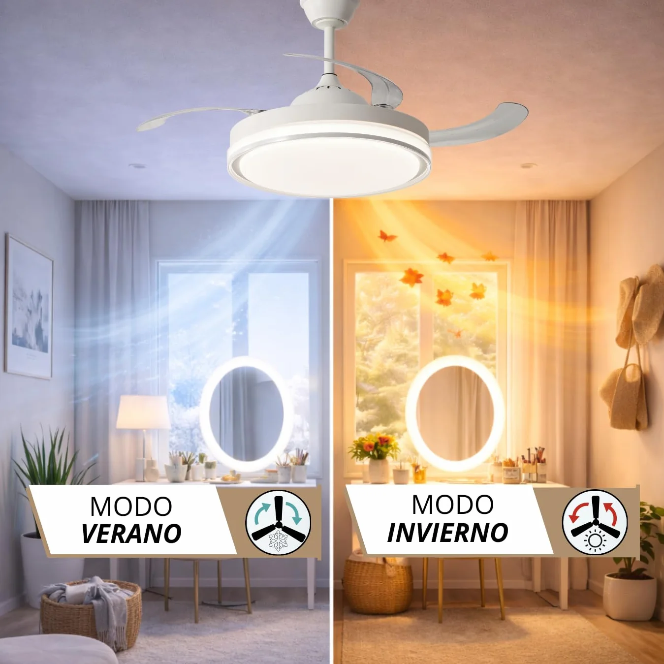 NARVI Ventilador de Techo Blanco con Luz LED Regulable, Motor DC 30W Silencioso de Bajo Consumo, Lámpara Ventilador con Mando a Distancia, 3 Aspas Retráctiles, Función Invierno Verano, LOVANIA 1576 WH