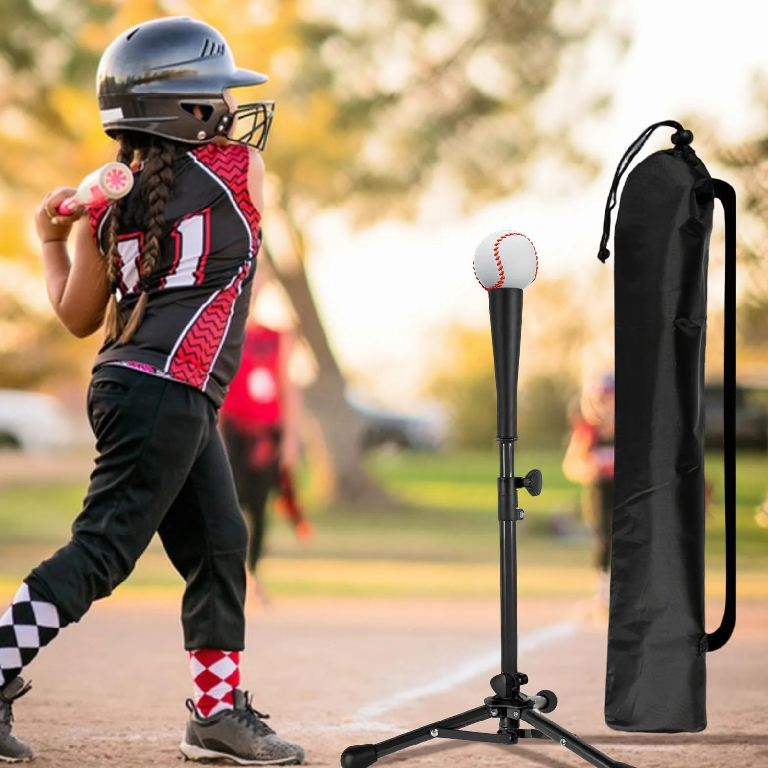 Soporte De Béisbol para Niños - Tee de Bateo Altura Ajustable Bolsa Edades 3-8 Entrenador Trípode Práctica Interior