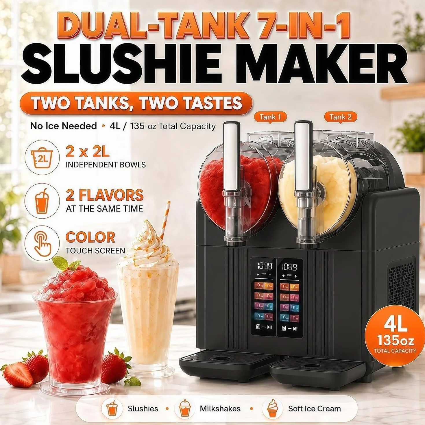 Máquina 2 En 1 Para Granizados Y Helado Suave, Doble Depósito, Black | 7 Modos Para Batidos, Malteadas, Cócteles, Margaritas Y Helados, Autolimpiante, Ideal Para Uso Doméstico Y Comercial