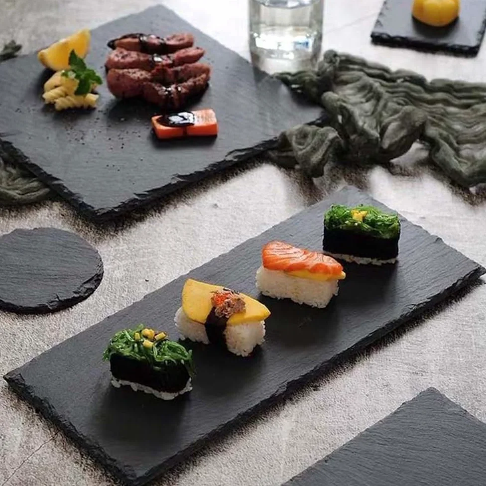 2 platos de pizarra para postres, sushi, platos grandes de pizarra para servir, platos para pizza, platos japoneses, platos de carne (cuadrados (15 cm x 15 cm)