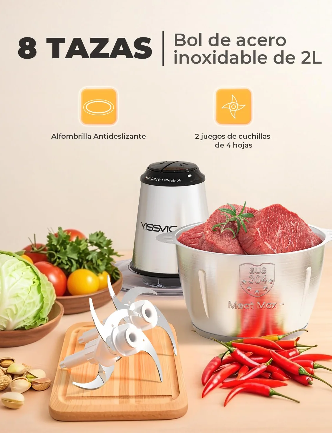 YISSVIC Picadora Eléctrica Picadoras de Carne 500W y Capacidad 2L Verduras y Frutas Minipicadoras de Alimentos con 2 Cabezales y 8 Cuchillas