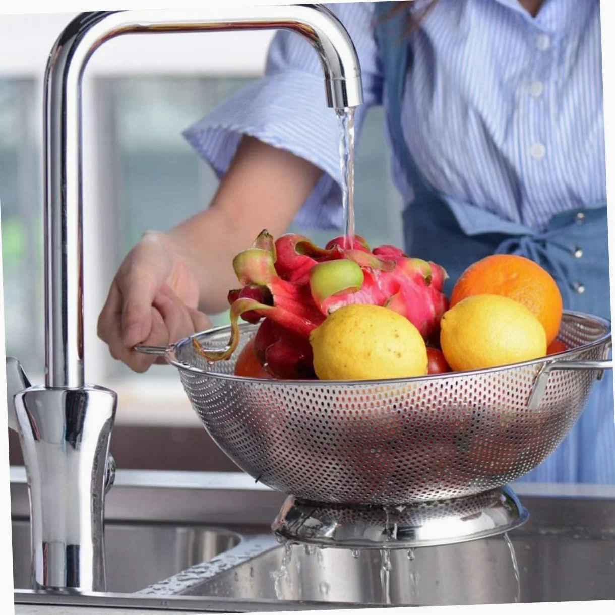 Colador de Acero Inoxidable con Asas, Malla Fina para Cocina | Plata, Doble Asa y Orificios Finos, para Enjuagar Arroz y Escurrir Alimentos