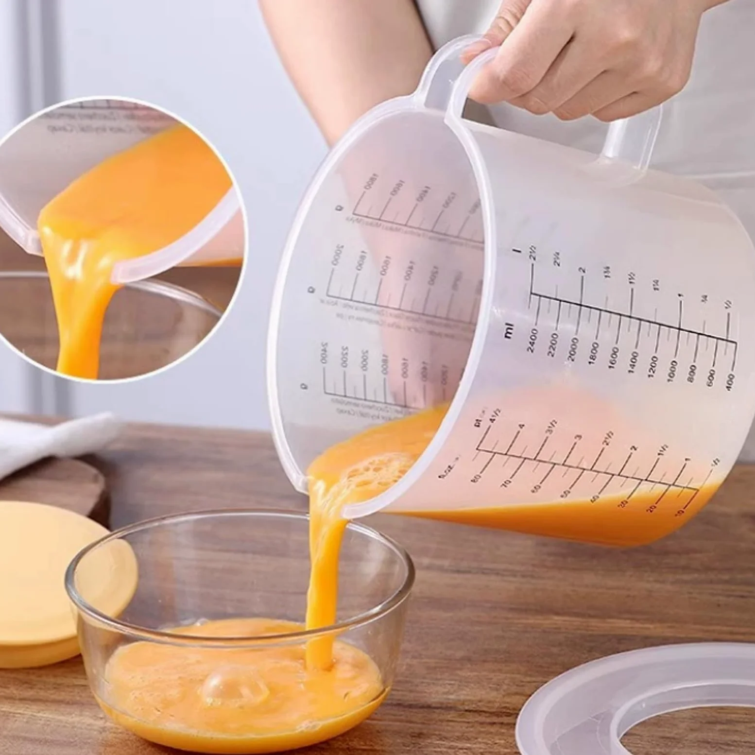 1 Unidad de Vaso medidor de plástico Transparente con Tapa - Jarra graduada con asa y Pico, Herramienta de medición precisa para Hornear, batir Huevos y Mezclar, Bol de Cocina versátil