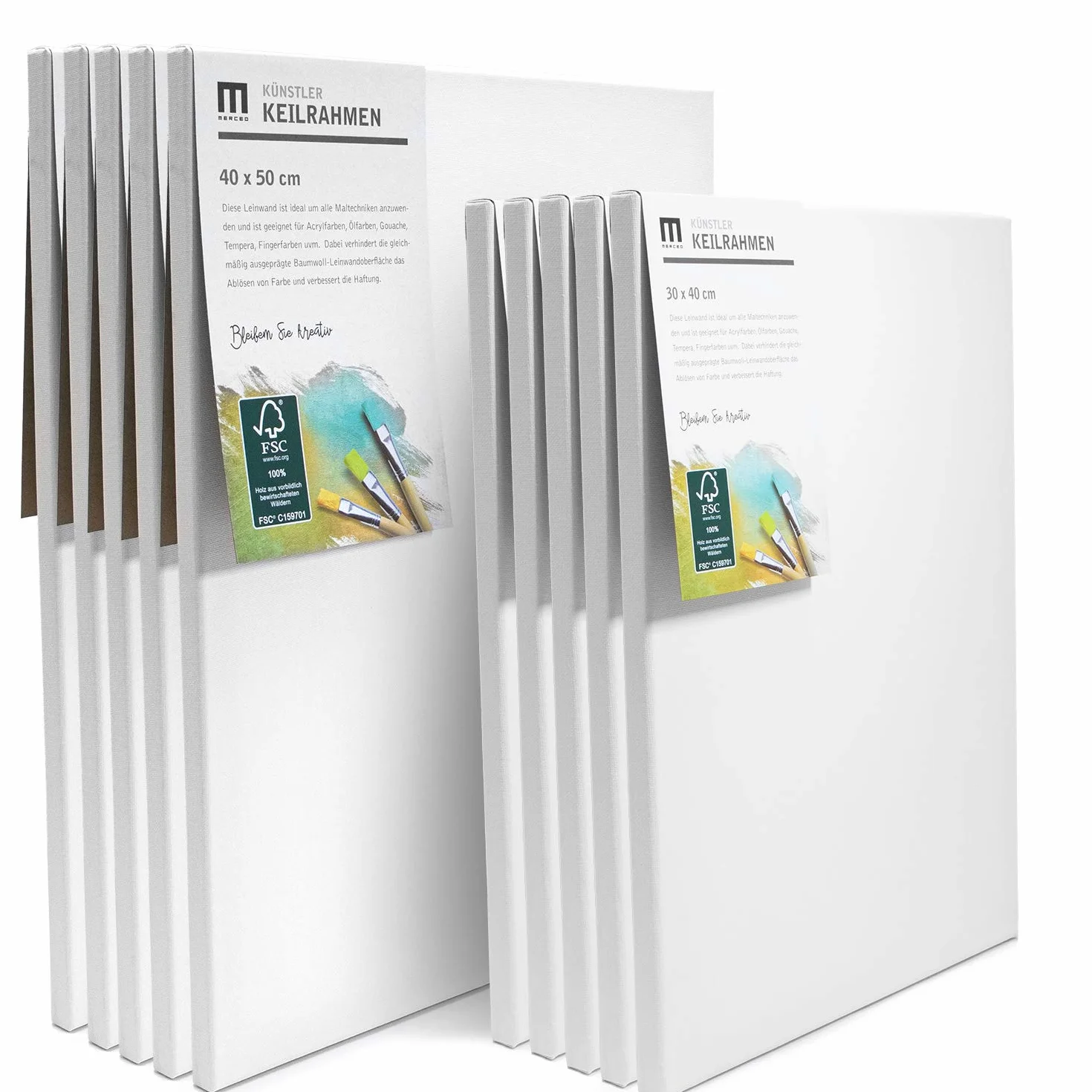 Juego de 10 lienzos para pintar (5 unidades de 40 x 50 cm, 5 unidades de 30 x 40 cm), lienzo de algodón 100%, tensado en bastidor de madera FSC®, 280 g/m², 2 capas de imprimación blanca