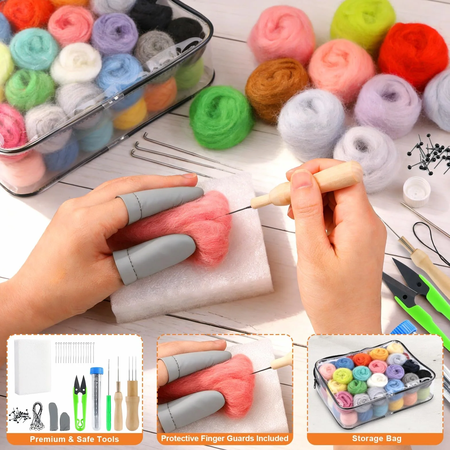 Kit de Lana para Fieltro 100 Colores, 300g Lana de Cuento para Fieltrado en Seco y Húmedo, Agujas de Fieltro, Herramientas y Tiras de Lana, Ideal para Manualidades DIY de Animales y Kits de Fieltro