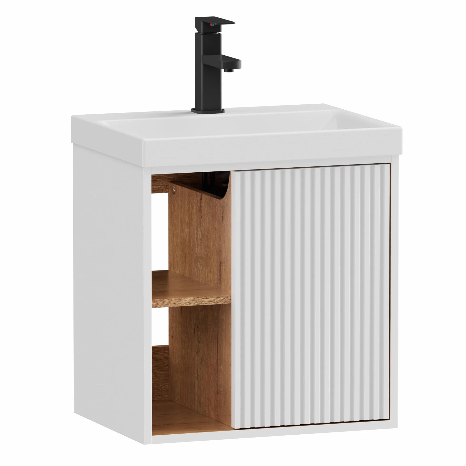 UEV Mueble de Baño con Lavabo de Resina y Grifo en el Centro, Mueble de Baño Suspendido con Diseño único y Práctico, Motivo de Rayas Verticales, 49 x 37 x 50 cm, Blanco