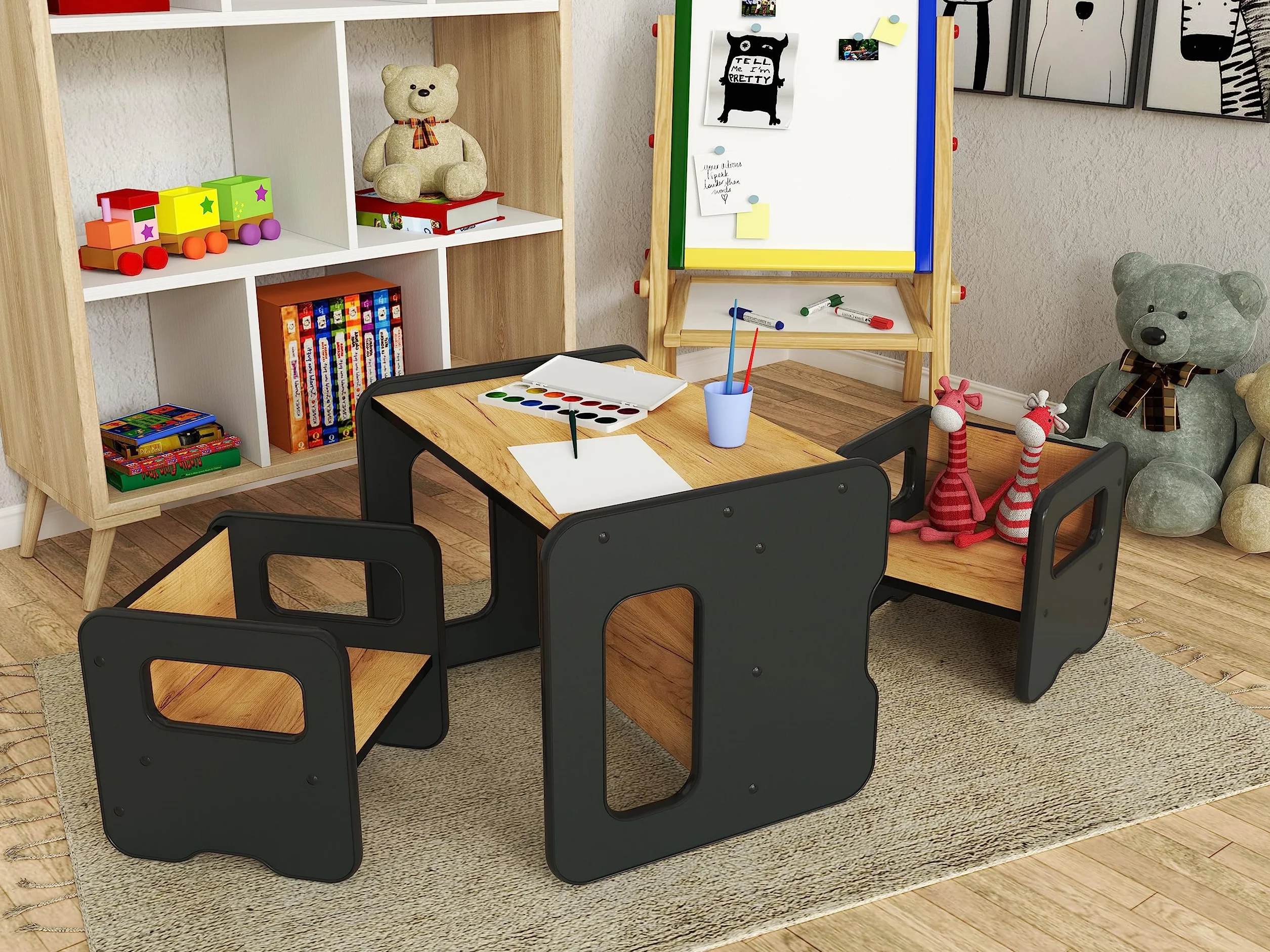 Taburete infantil de madera doble cara convertible en mesa - Negro y Roble