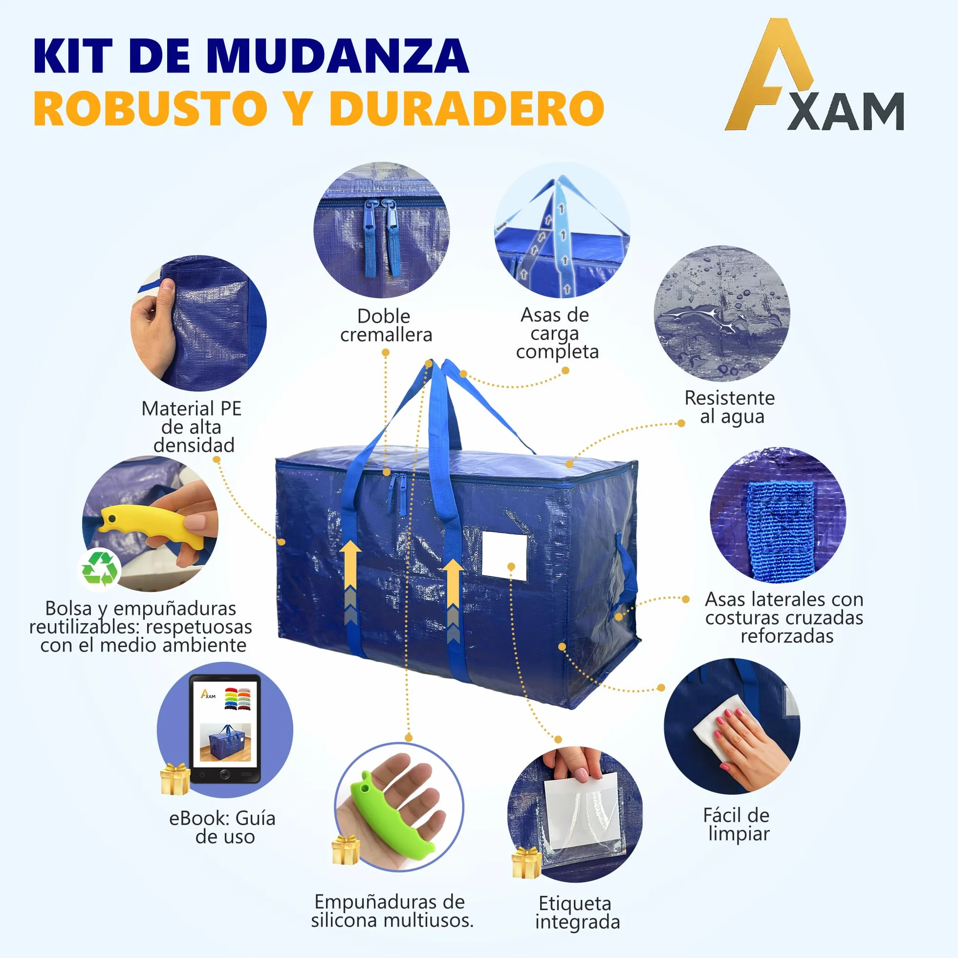 AXAM Pack de 4 Bolsas de Mudanza Grandes XL 91L – Almacenaje de Ropa Resistente e Impermeable – Alternativa a Cajas de Cartón – Reutilizables con Asas de Silicona