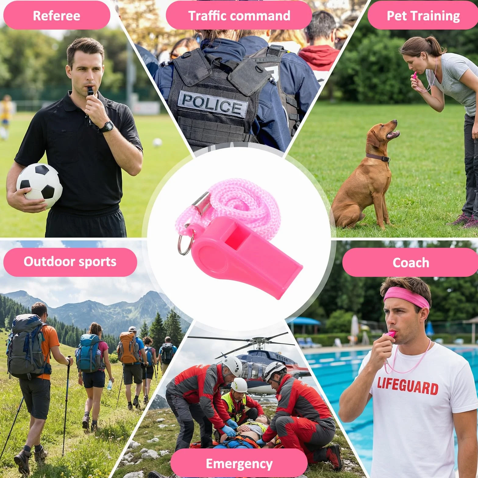 Silbatos deportivos con correa para el cuello, silbato de plástico, sonido claro y fuerte, para entrenador, árbitro, deporte escolar
