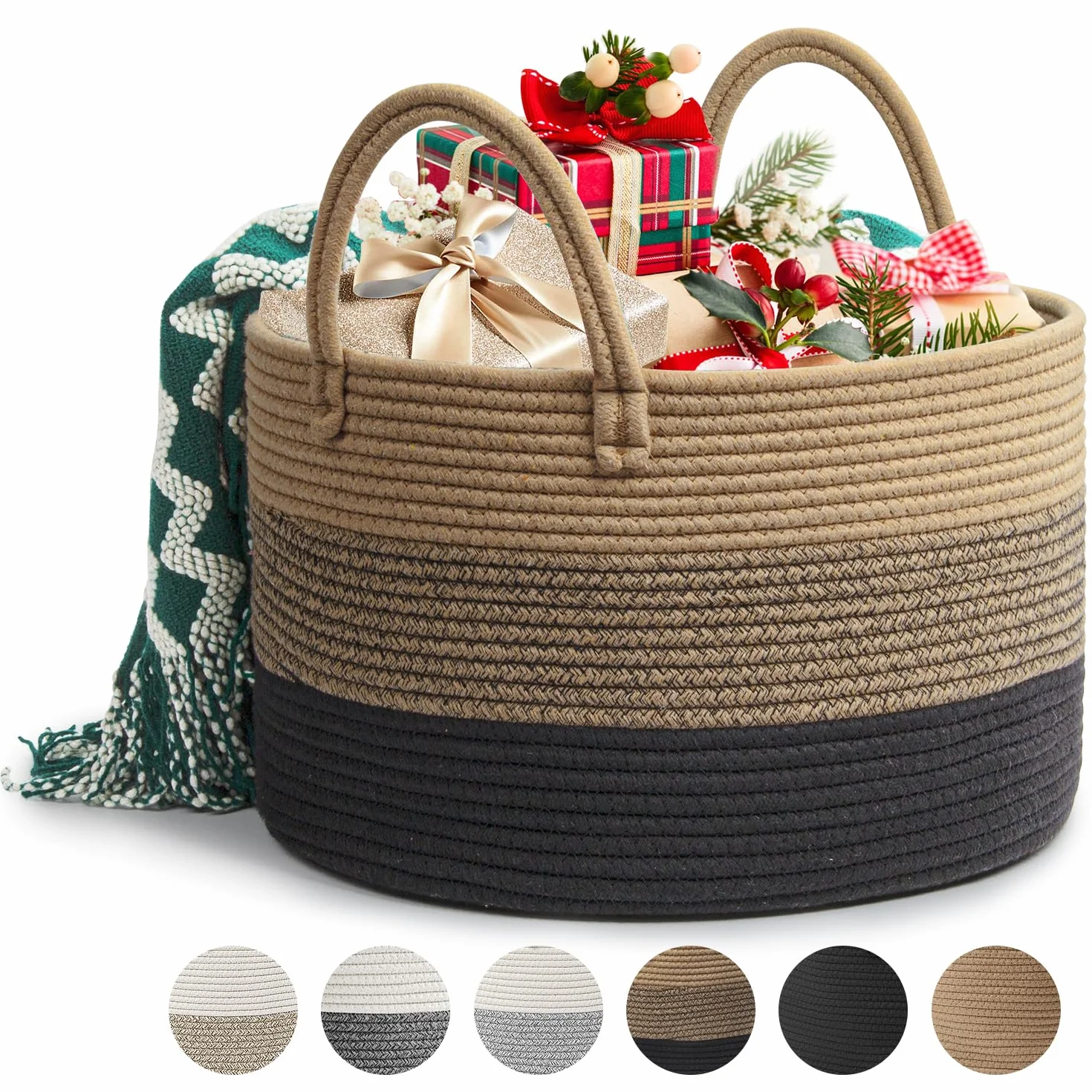 Cesta de Cuerda de Algodón Plegable 32L D40 x H25 cm Cestas de Lavandería Tejidas Almacenaje Marrón Mixto