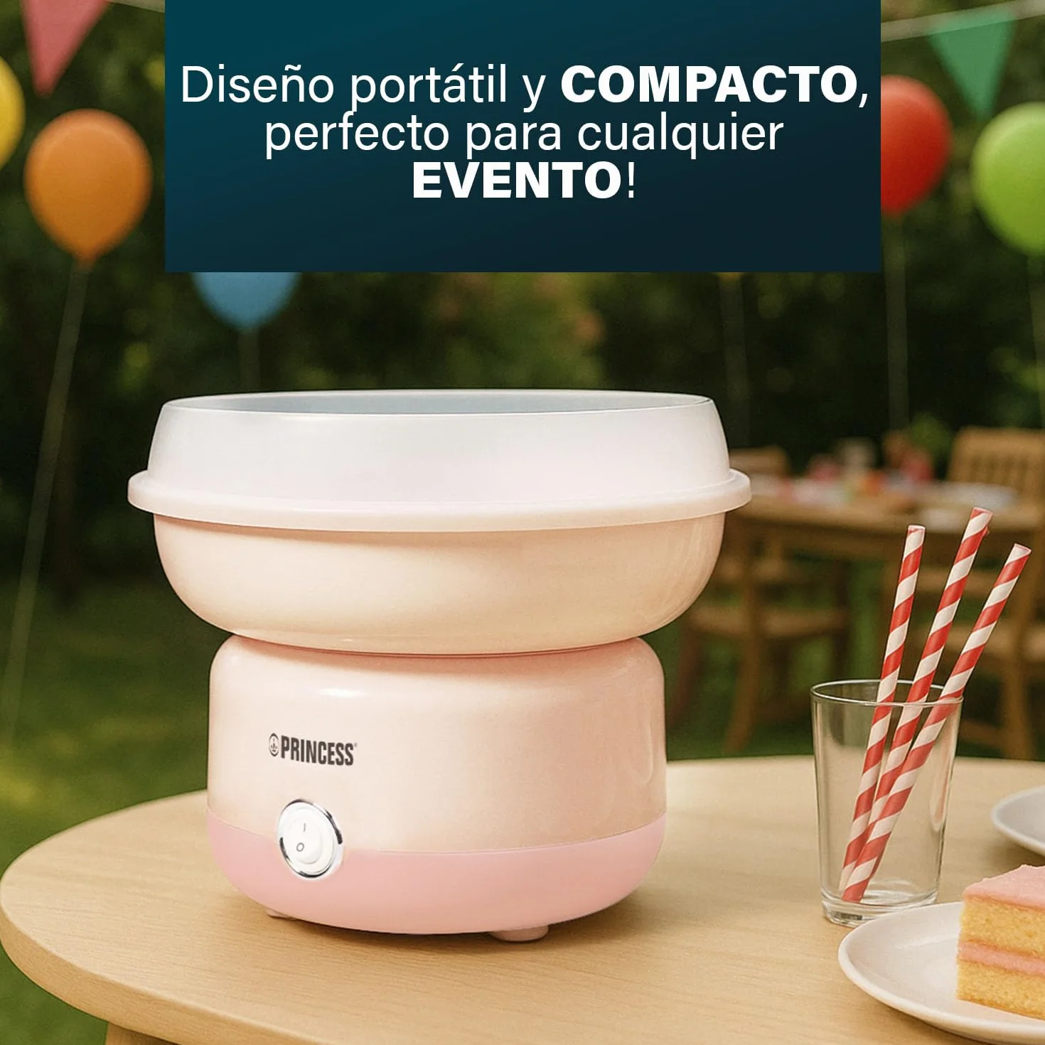 Princess Máquina de Algodón de Azúcar, 500W, Diseño Compacto, Piezas Aptas para Lavavajillas, Incluye Palitos y Cuchara Medidora, BPA-Free, Pies Antideslizantes, Fácil de Usar, 292990