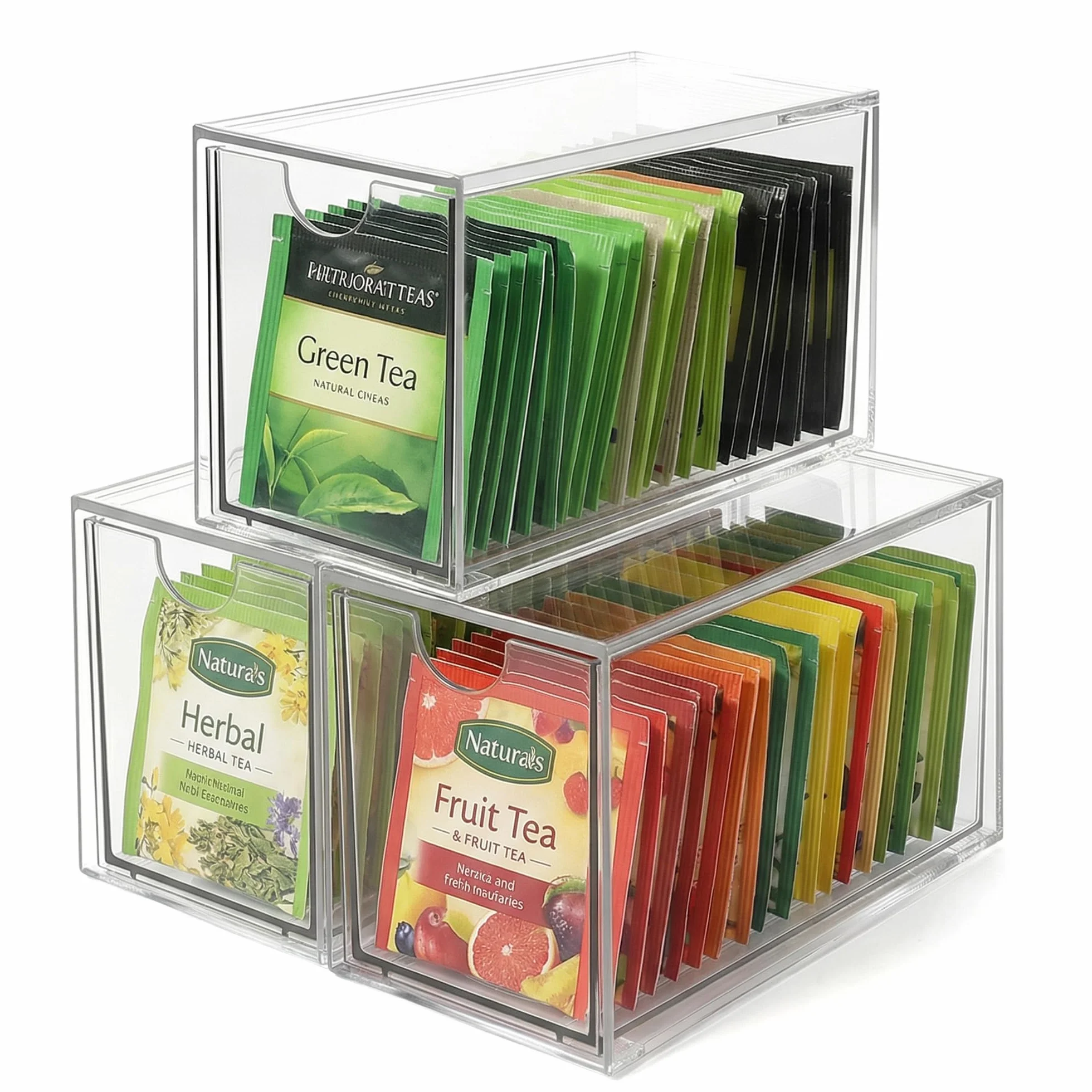 Organizadores de Bolsas de Té, Caja Té con 3 Cajones de Plástico Caja Infusiones Organizador Infusiones de Acrílico Transparente Caja de Te Infusiones para Bolsas de Té, Cápsulas de Café