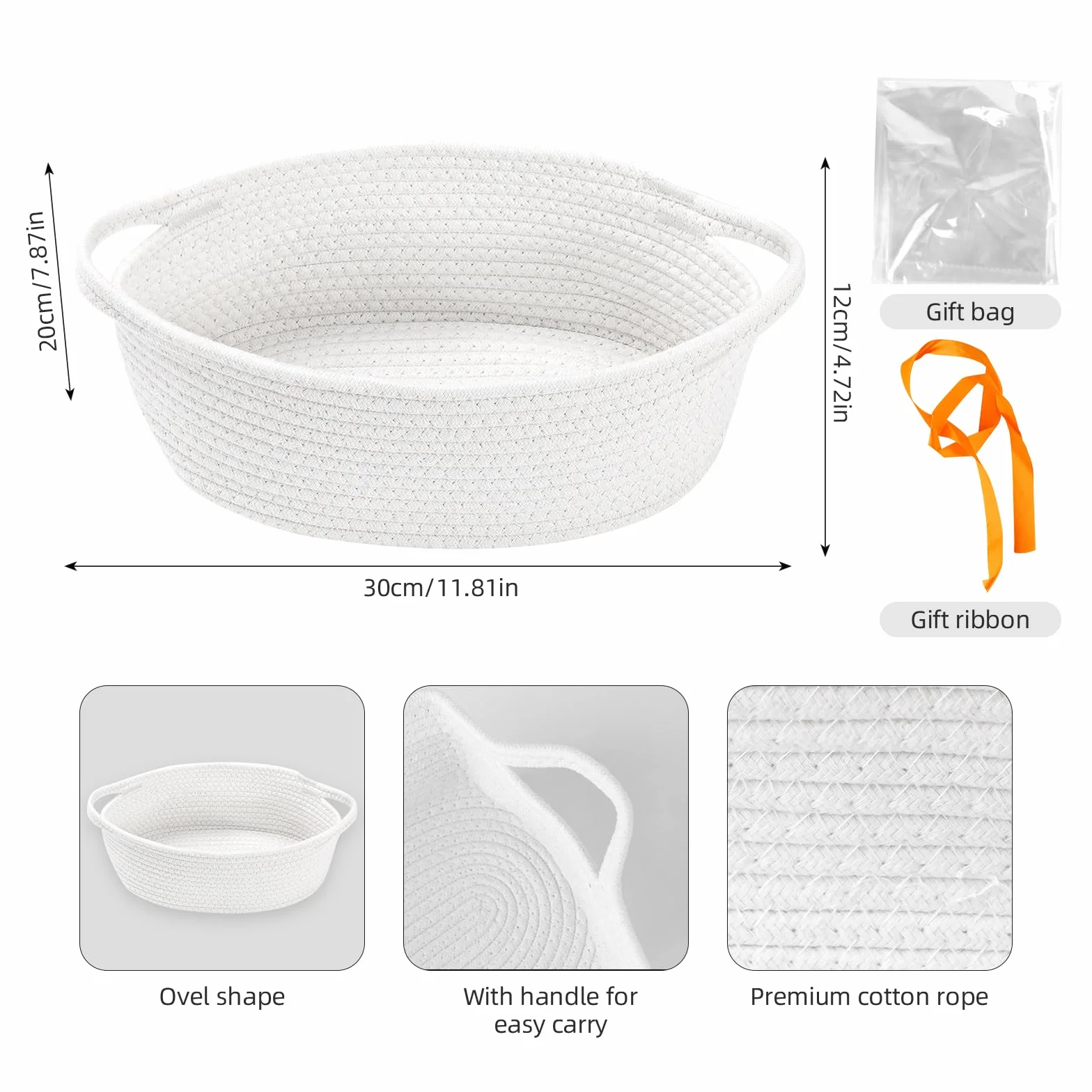 FRUHLING Cesta de regalo vacía trenzada con bolsas de celofán y lazo, almacenamiento cuerda algodón blanco