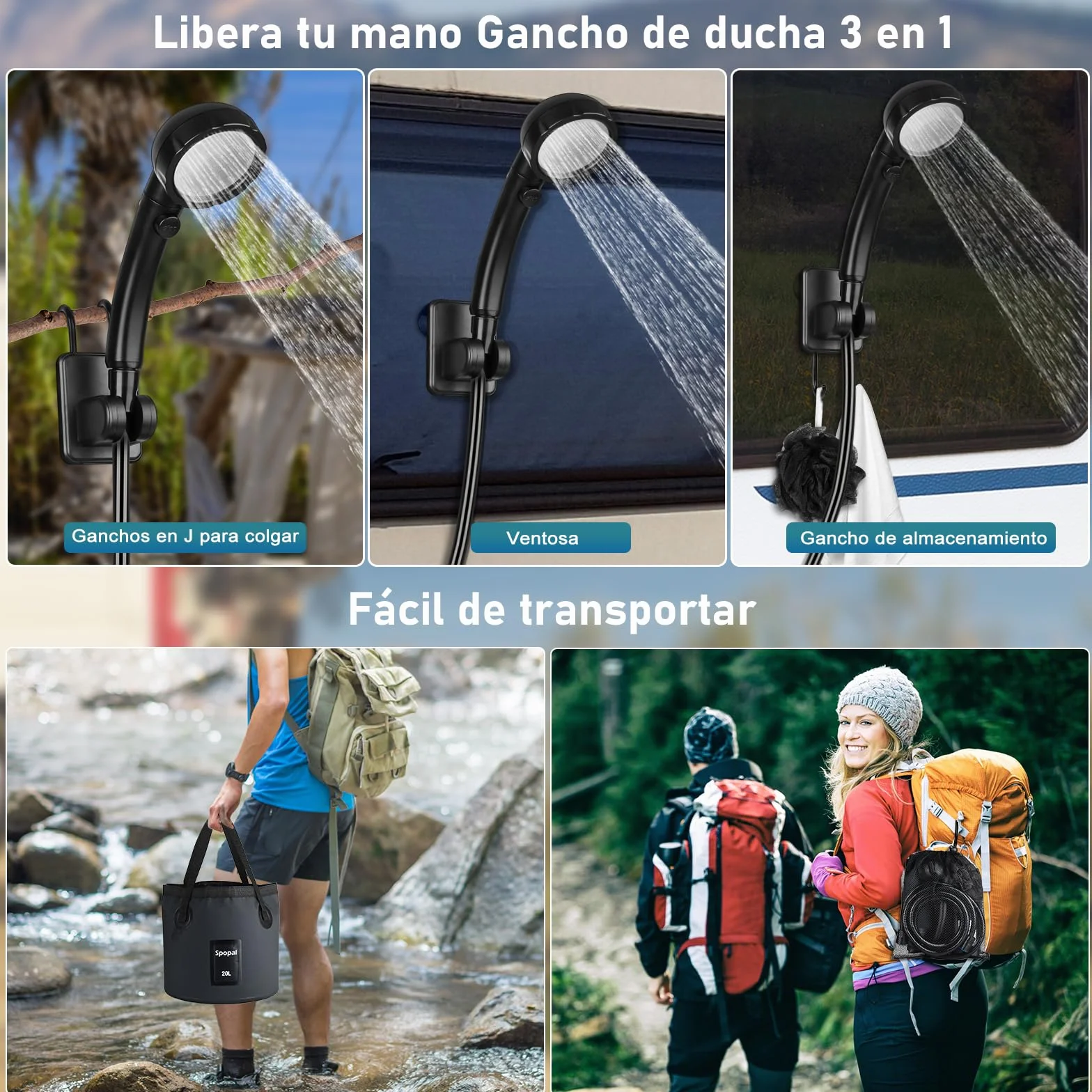 Ducha Portátil Camping 6000mAh Recargable con Cubo Plegable 20L, Eléctrica para Acampar