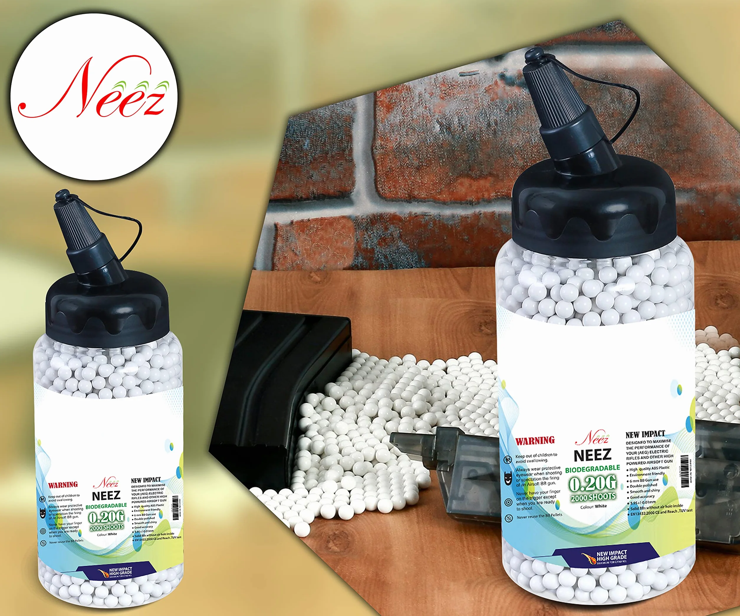Neez Bolas Airsoft - Plastico Paintball Balas para Pistolas, Fusil, Armas - Bio BBS Bola 6mm 0,20 g BB Pellets 1000, 2000, 5000, 10000 Munición