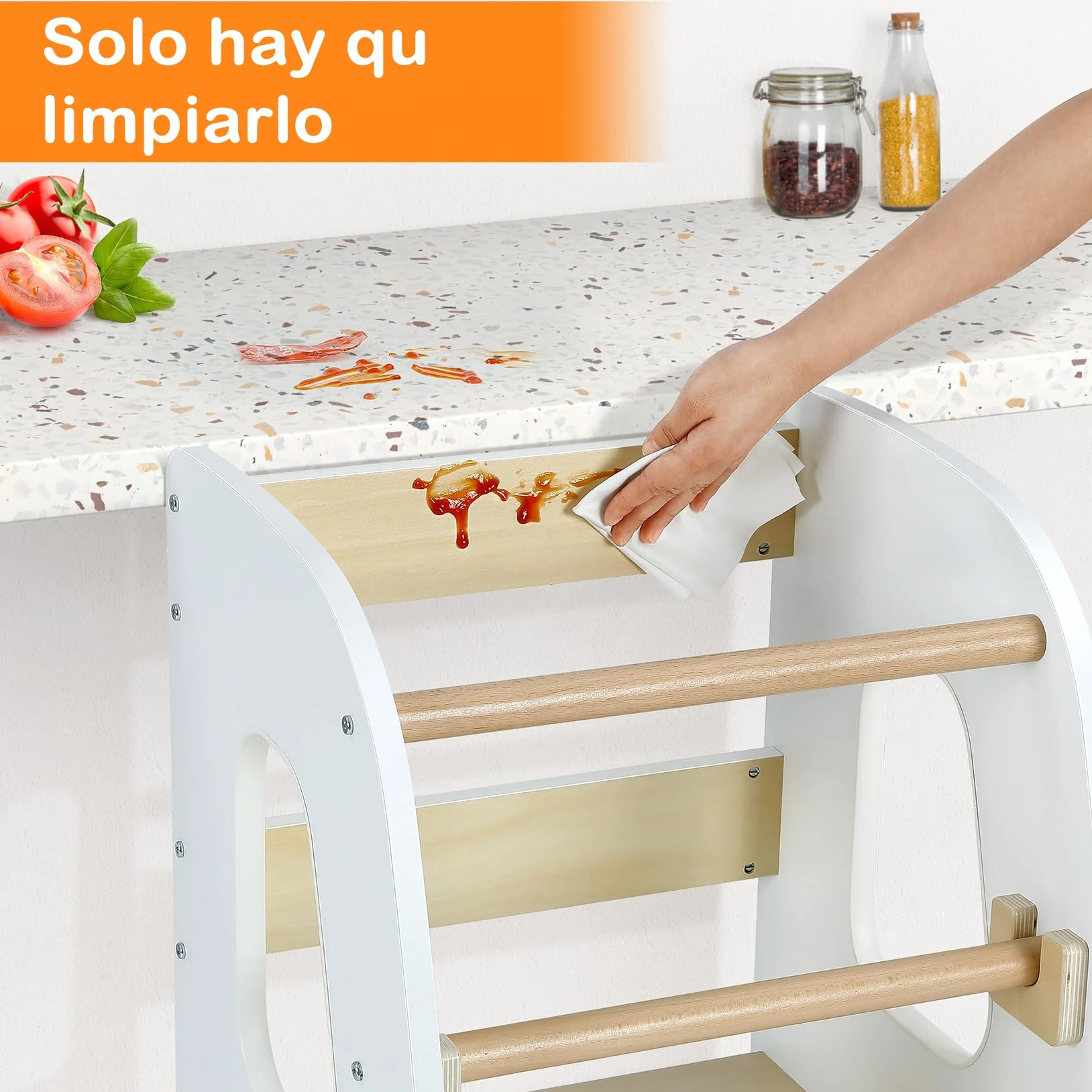 Ezebaby Torre de Aprendizaje Montessori Madera Altura Ajustable con Barandilla de Seguridad para Niños 1-6 Años Blanco