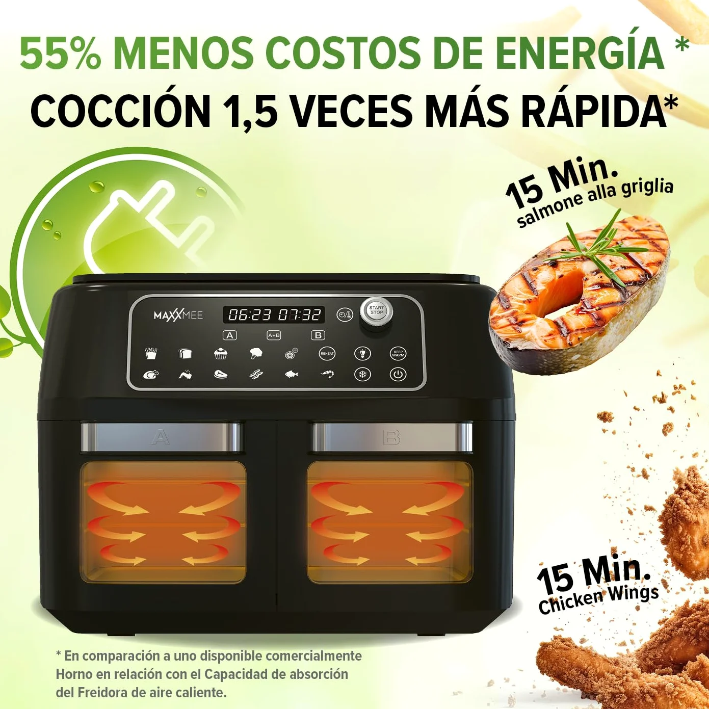 MAXXMEE Freidora de aire caliente de doble cámara 11 l | Combinación inteligente de horno de aire caliente, parrilla y freidora con 2 compartimentos XXL de 5,5 litros cada uno | Panel de control