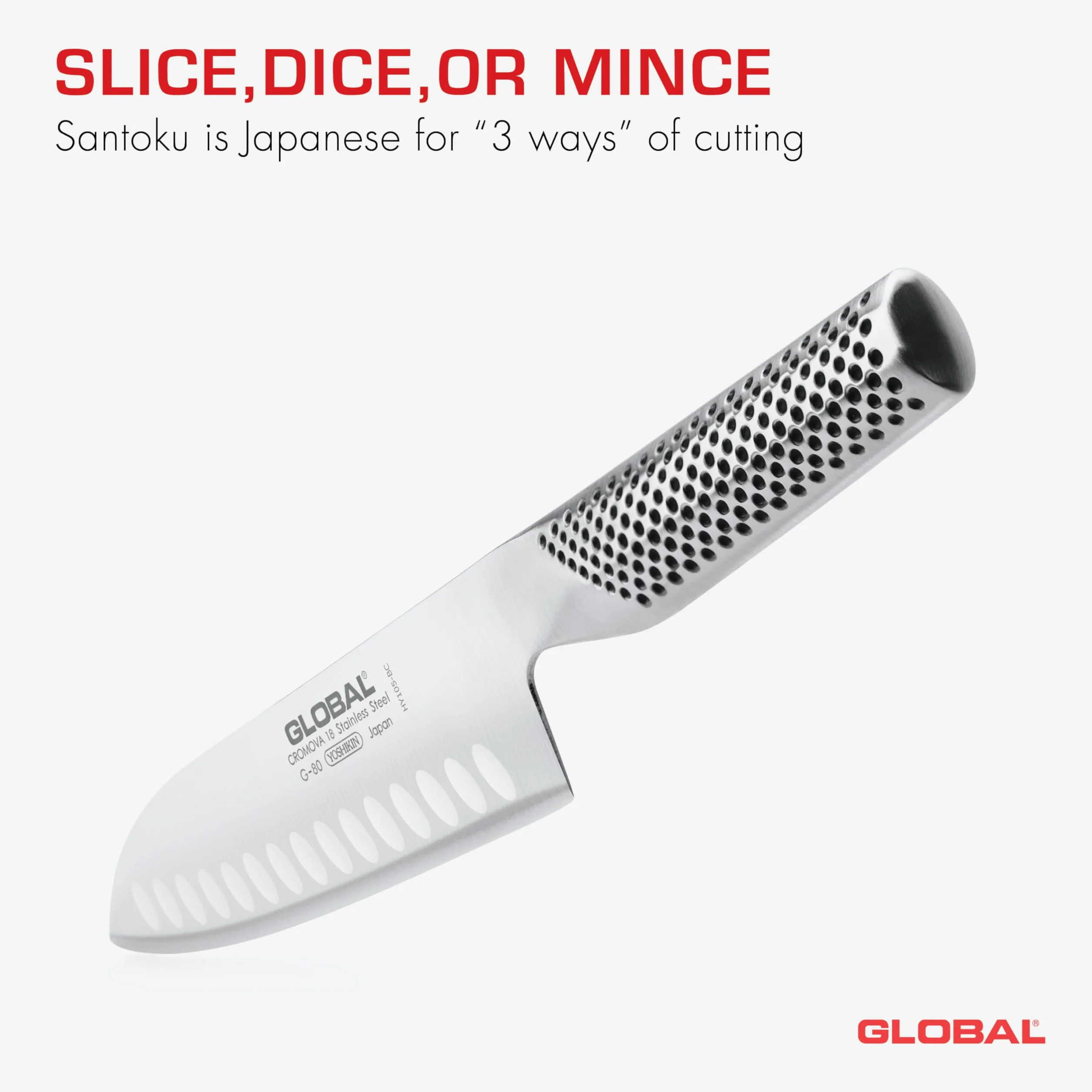 Global Santoku Fluted 71G80- Cuchillo cortador, 18 cm, cuchilla de acero inoxidable CROMOVA 18