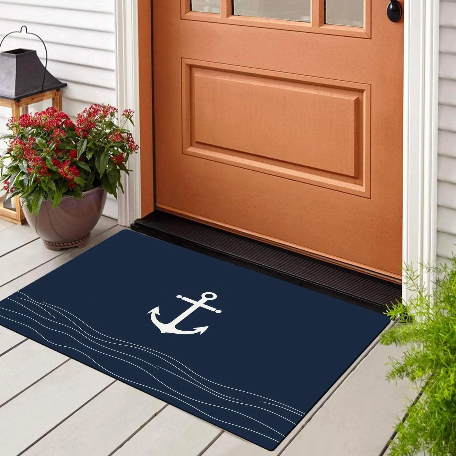 Alfombra 40 X 60 Cm con Base Antideslizante,Pelo Corto Multiusos Dibujos Tema Náutico Lavable Felpudo Entrada Casa, Ancla Blanca Atrapapolvo Felpudo para Puertas Y Pasillos