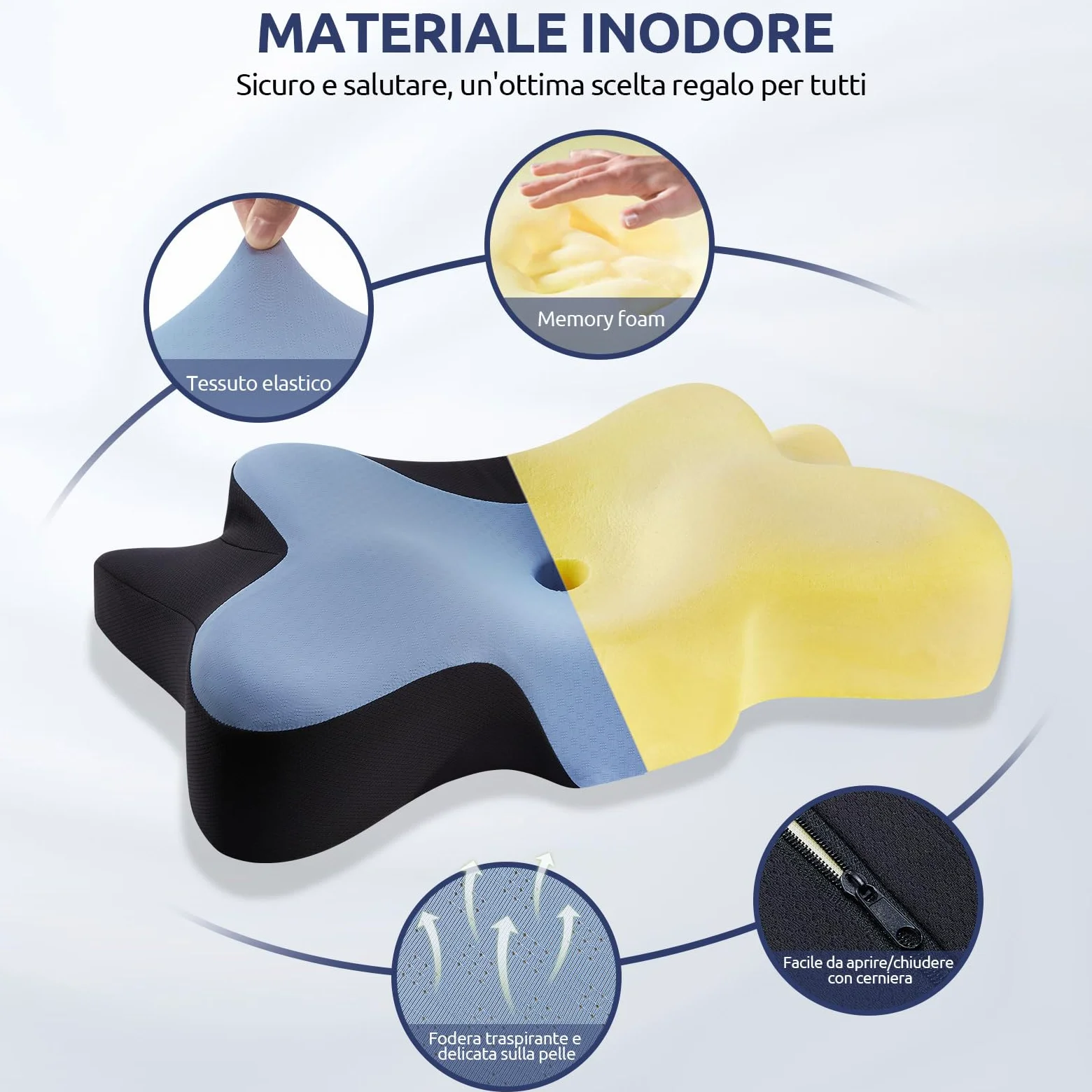DONAMA Almohada cervical para dormir, cojín cervical ergonómico para dormir de lado, espalda y boca abajo con funda de almohada extraíble y lavable (azul y negro, 66 x 37 x 13 cm)