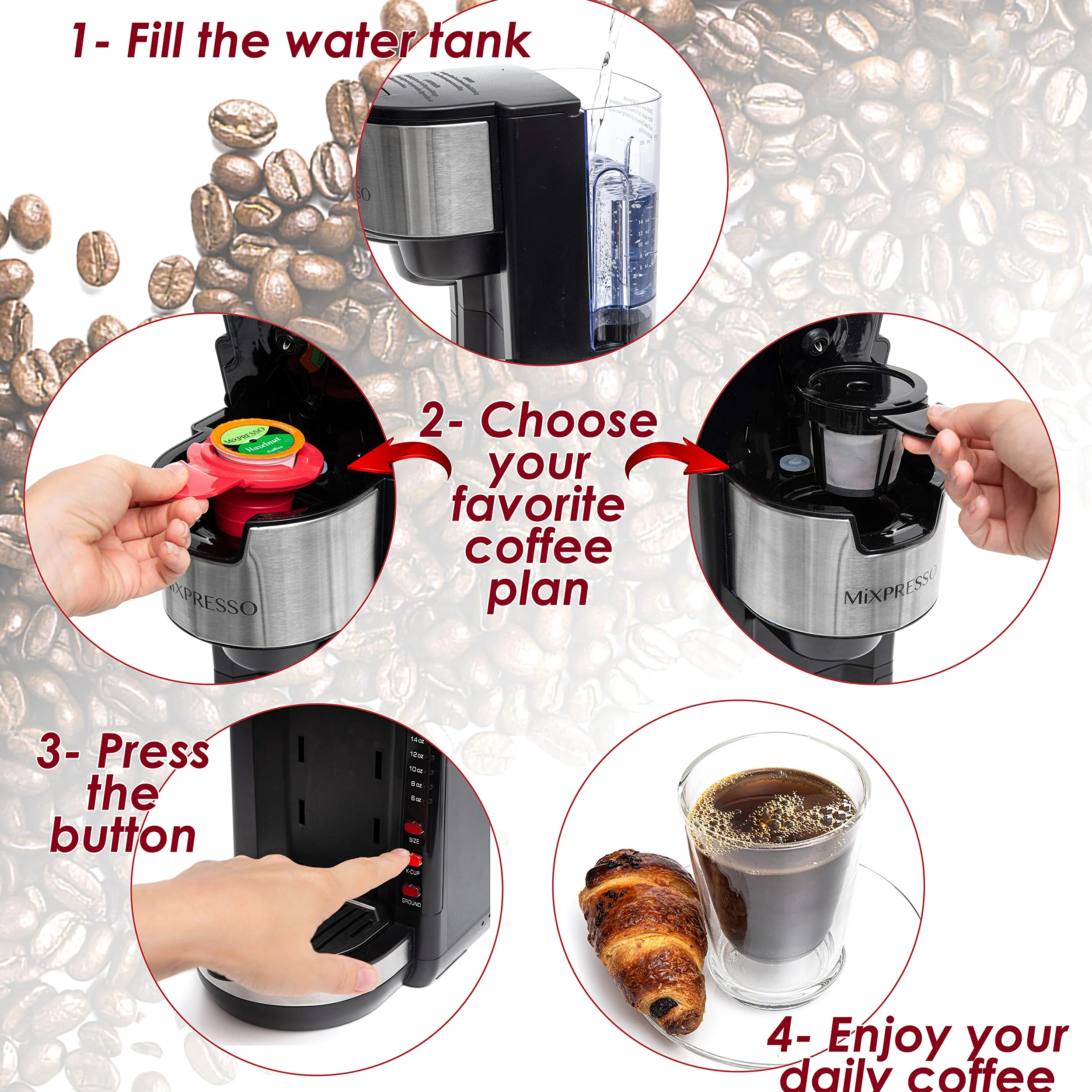 Mixpresso Cápsulas K-Cup para cafetera individual 2 en 1 compatibles con café molido, cafetera compacta con depósito desmontable de 30 onzas, 5 tamaños de infusión y bandeja de goteo ajustable (negro)