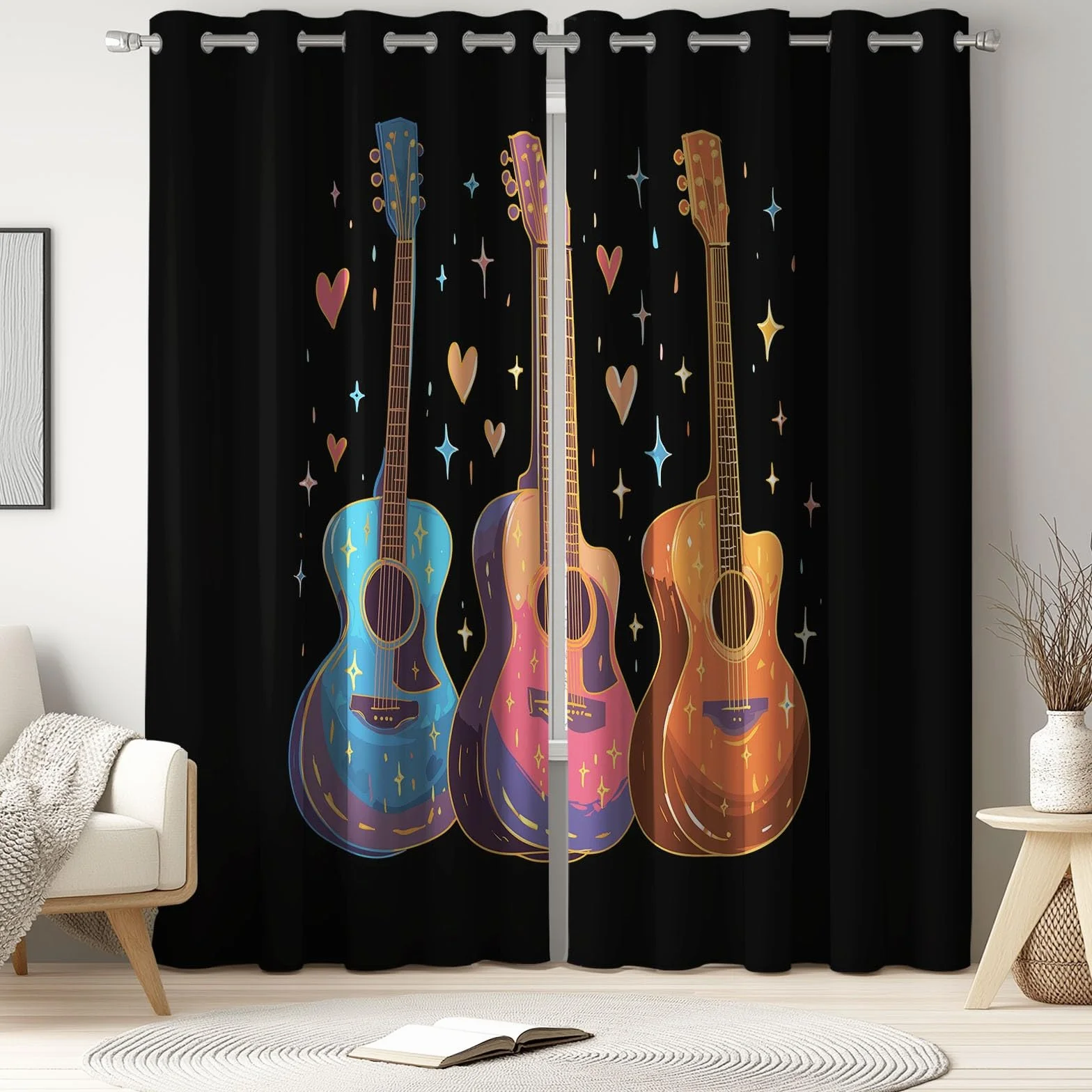 Generisch Pop Art - Cortinas opacas con ojales para guitarra, notas musicales, estrellas, térmicas, para habitación infantil, dormitorio, salón, juego de 2 unidades, 245 x 140 cm (alto x ancho)