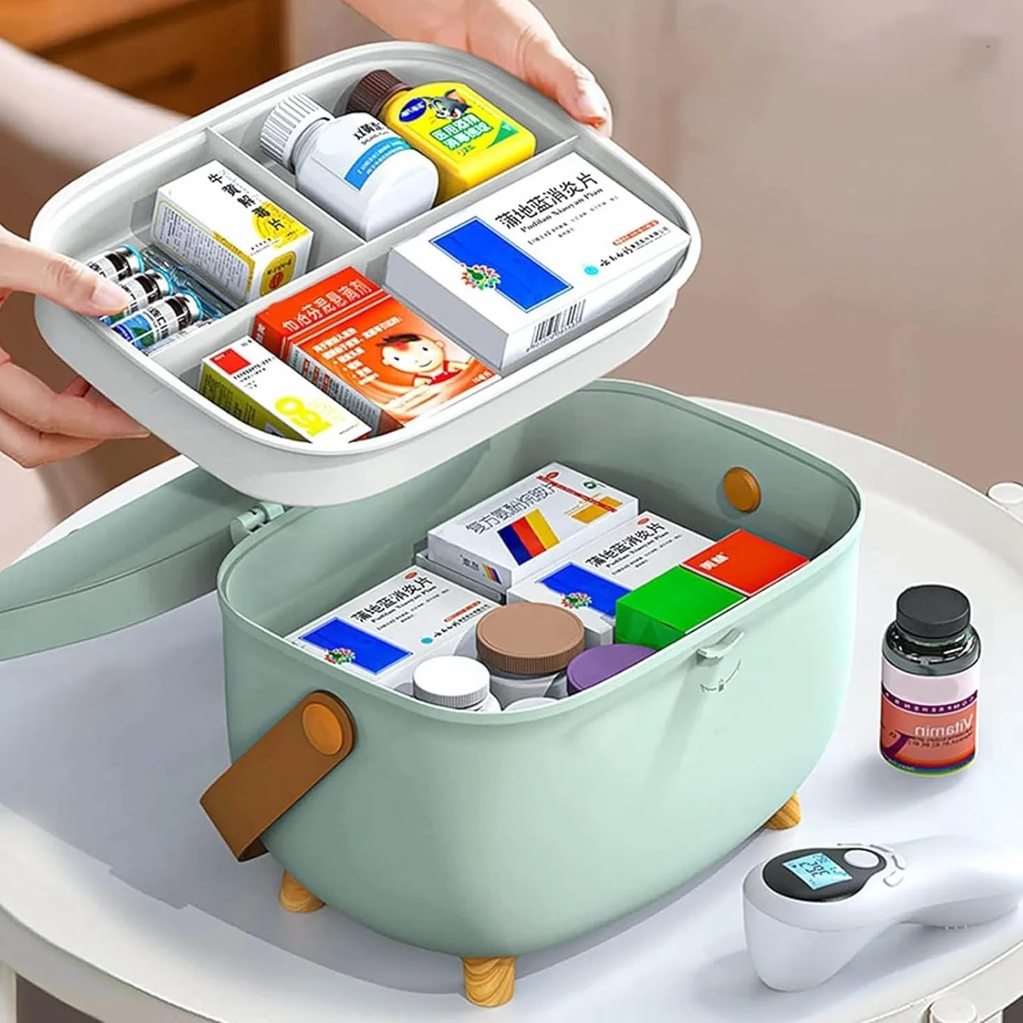 Caja para medicina, Caja organizadora para medicina 2 niveles, con mango, portátil Medicine box, para el hogar y el exterior (Verde cielo)