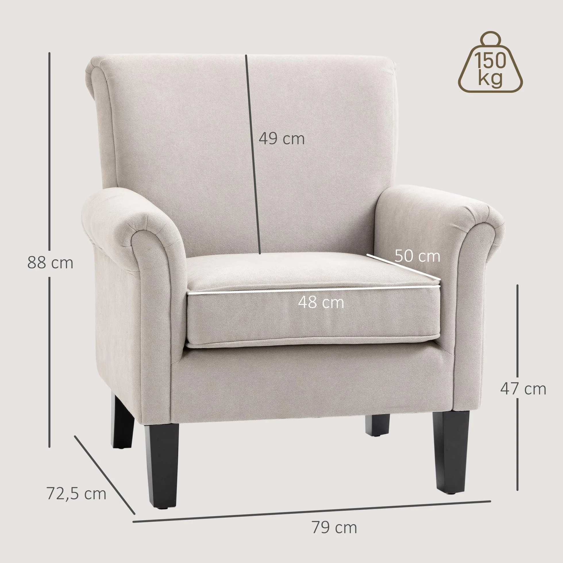HOMCOM Butaca de Salón Tapizada en Tela, Sillón Relax con Reposabrazos, Asiento Extraíble y Lavable, Patas de Madera, para Dormitorio, Balcón, Estilo Moderno, Carga 150 kg, 79x72,5x88 cm, Gris
