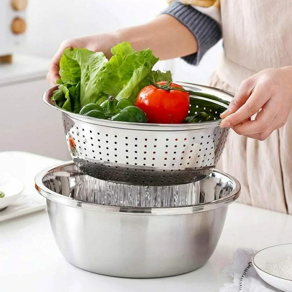 Lanzi 3 Unids/Set Cuenca De Cocina De Acero Inoxidable/Colador, Cocina Colador De Malla Fina Canasta De Lavado De Vegetales, Verduras Multifuncionales Filtro De Fruta (Size : 28cm)