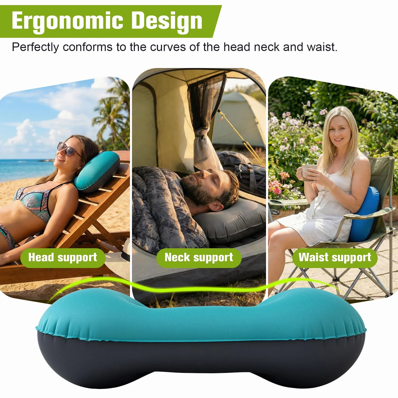 Almohada de Camping Ligera Compacta Hinchable Playa Viaje Soporte Ergonómico Acampada Senderismo (Turquesa)