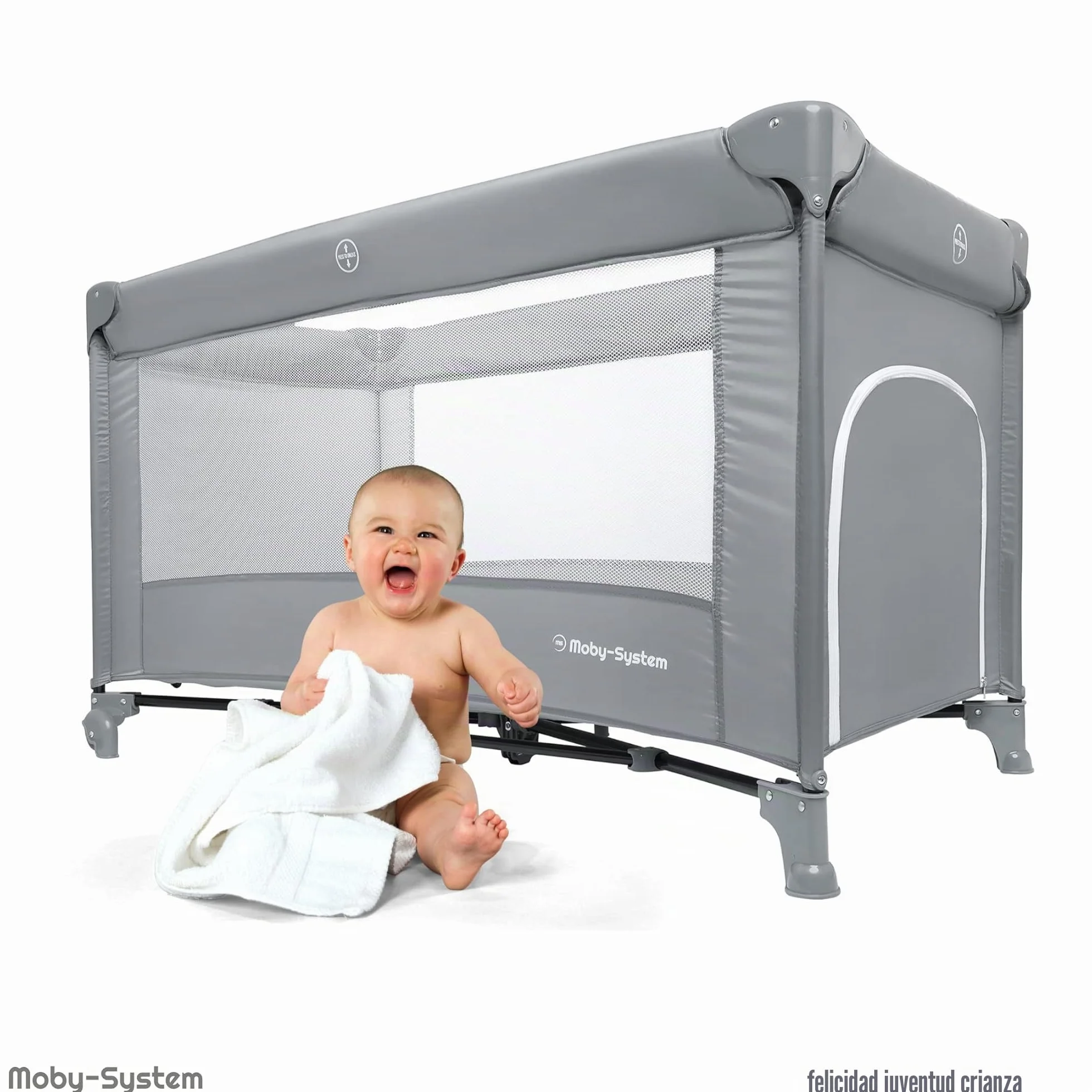 Moby-System Cuna de Viaje para Bebé – Parque Cuna 2 en 1 con Colchón Plegable, 2 Alturas, Ruedas con Freno y Bolsa – Cuna Plegable con Entrada Lateral y Cambiador