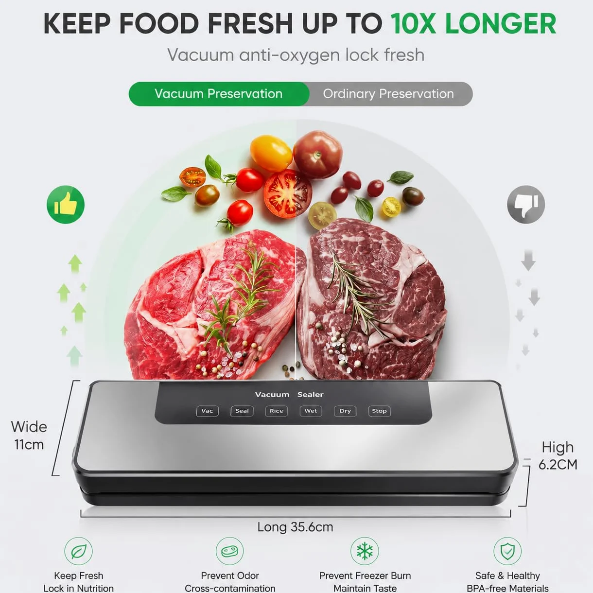 Máquina al vacío para alimentos profesional 65 kpa Hilifix, con sello más largo de 30 mm, sellador al vacío para alimentos frescos tanto secos como húmedos, sobres para aspirar incluidos