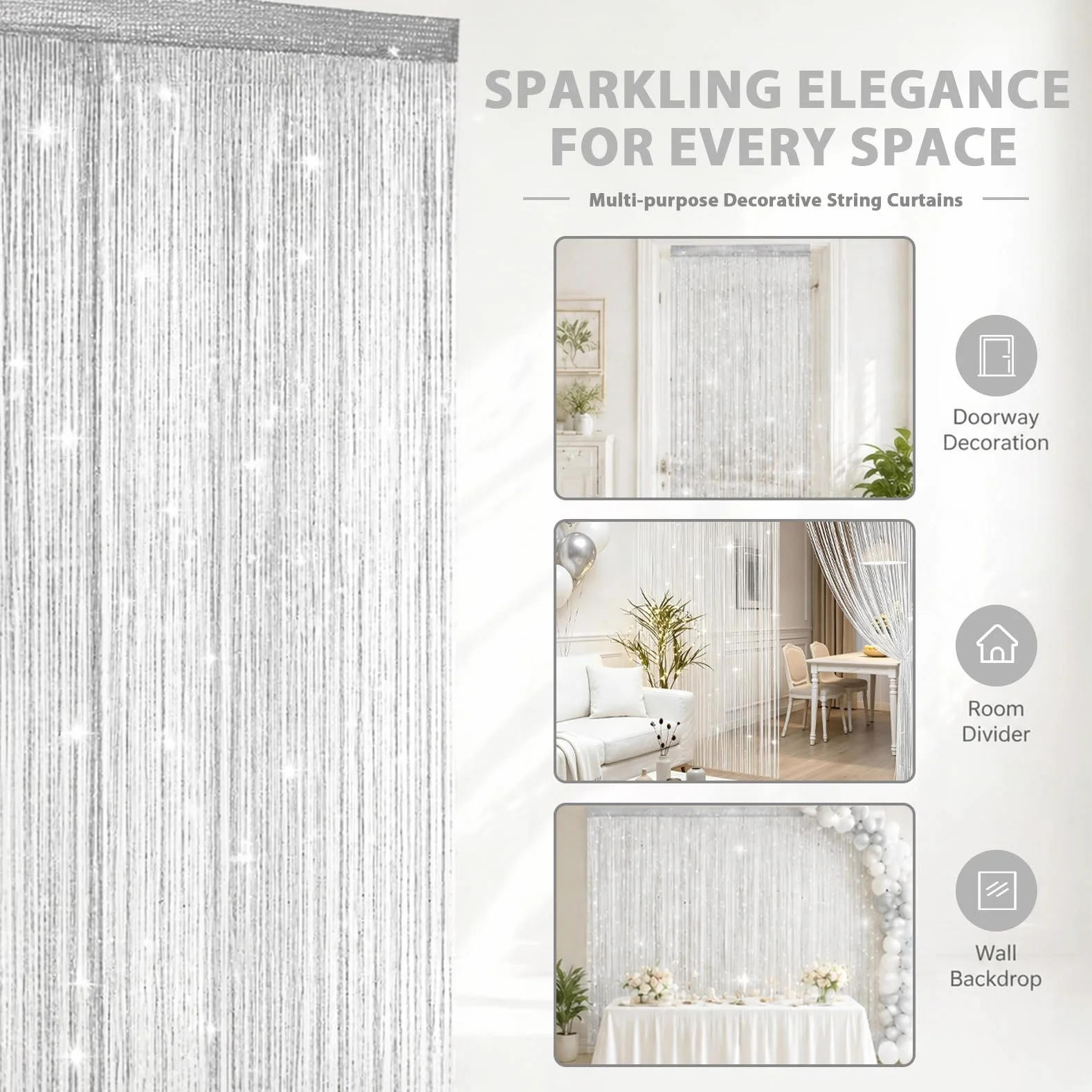 Juego de 4 cortinas de hilos con purpurina, 100 x 200 cm, para puertas y separadores de habitaciones, para bodas, cafetería y balcón, protección contra insectos y decoración en uno (blanco)