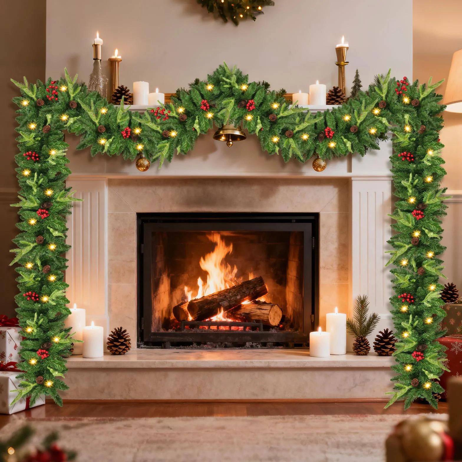 Guirnalda Navidad, 2.7M Guirnalda Navidad con Luces y 260 Puntas de Ramas, Guirnalda Navideña Impermeable con 30 LED y Temporizador para Escaleras, Chimenea, Puerta, Decoración de Interior/Exterior