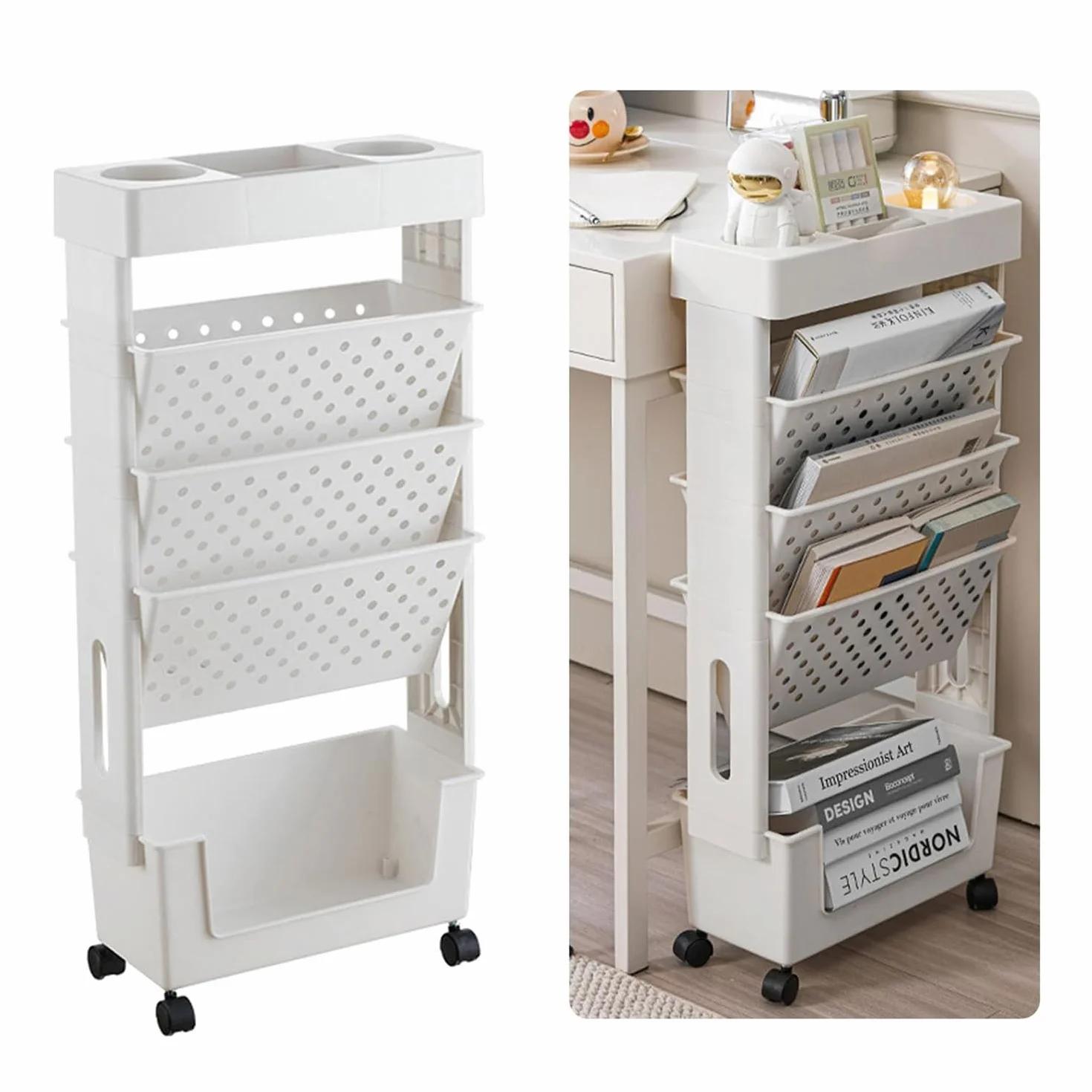 Carrito de Archivos con Ruedas de 5 Niveles y revistero, estantería móvil Blanca, Carrito Multiusos con Ruedas y estanterías.