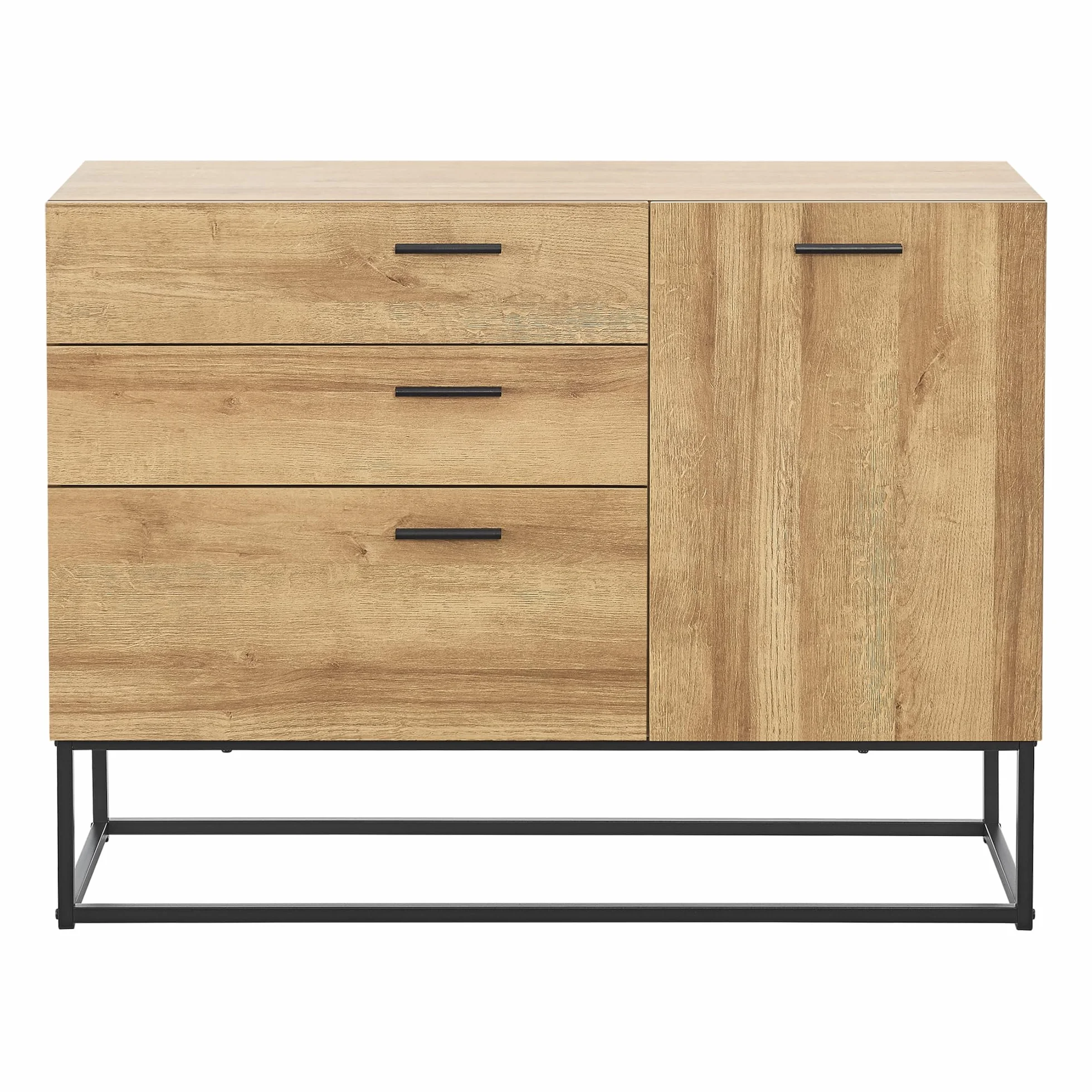 [en.casa] Aparador Lavangen Mueble de Salón con 3 Cajones y 1 Estante Regulable en Altura Estructura de Metal 75 x 100 x 35 cm - Efecto Roble y Negro