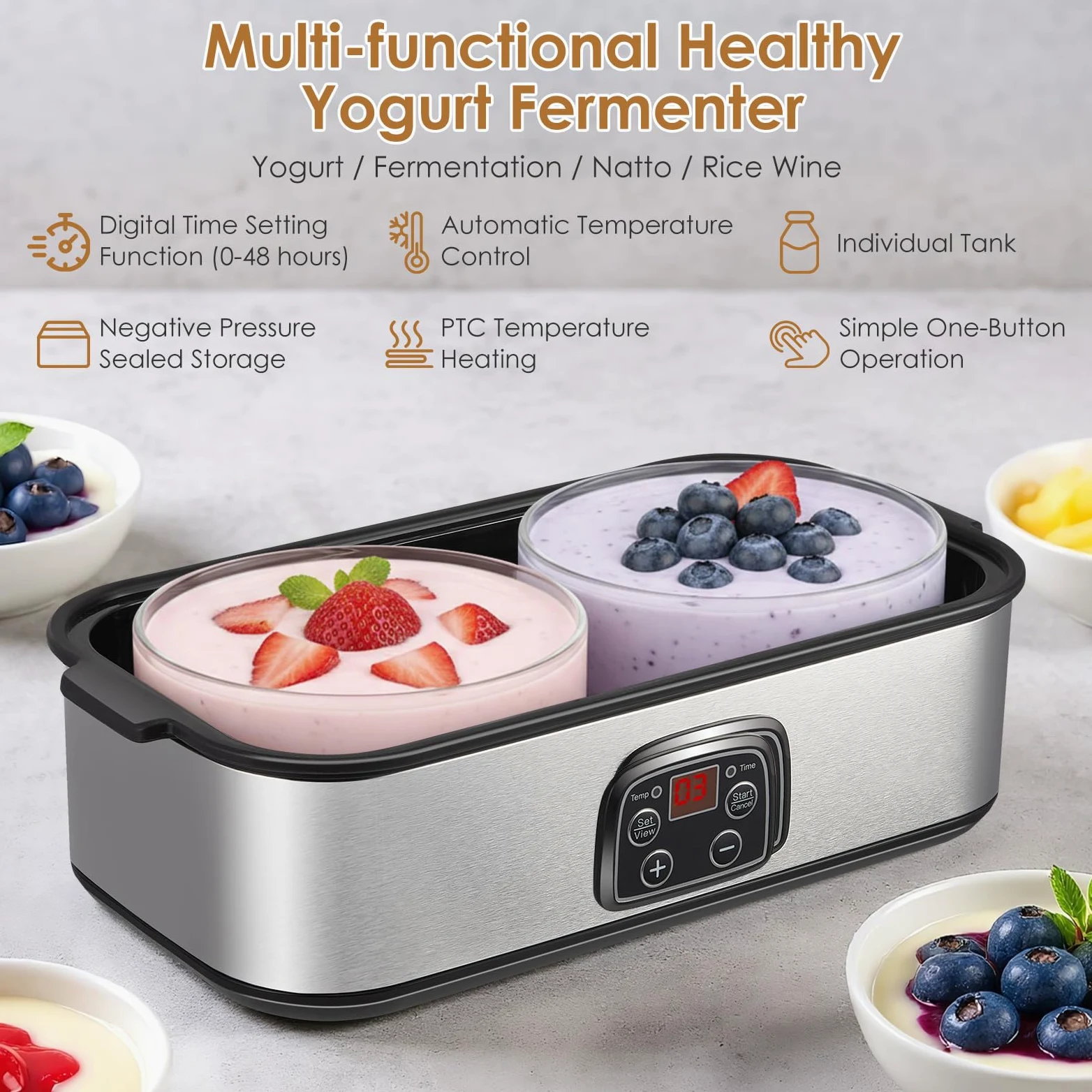 Yogurtera con pantalla LED y 2 recipientes de cristal de 1000 ml, con temperatura ajustable y temporizador, para yogurt, queso, natto, postres saludables